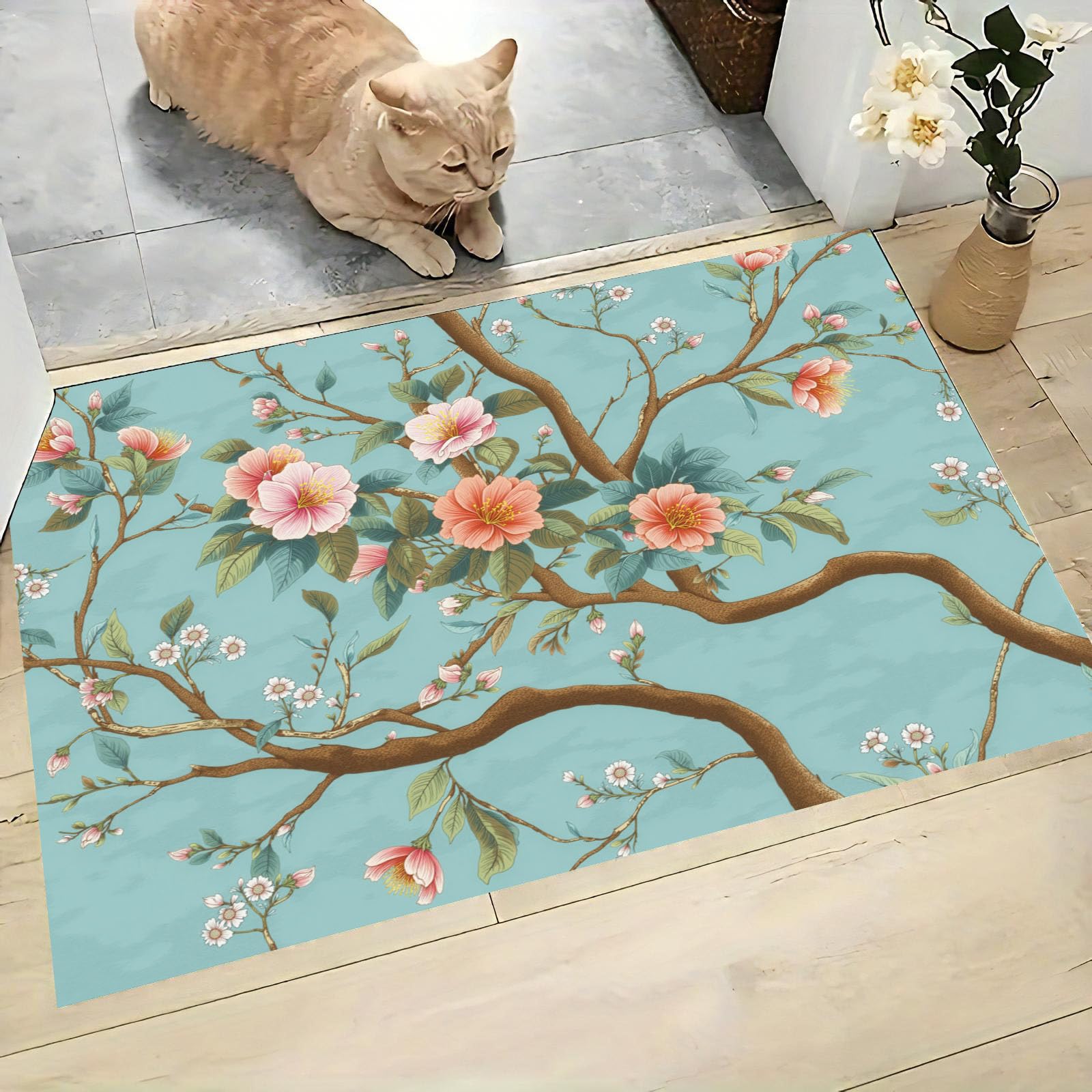 Tapis fleurs roses et branches 45x75 cm en fausse laine douce