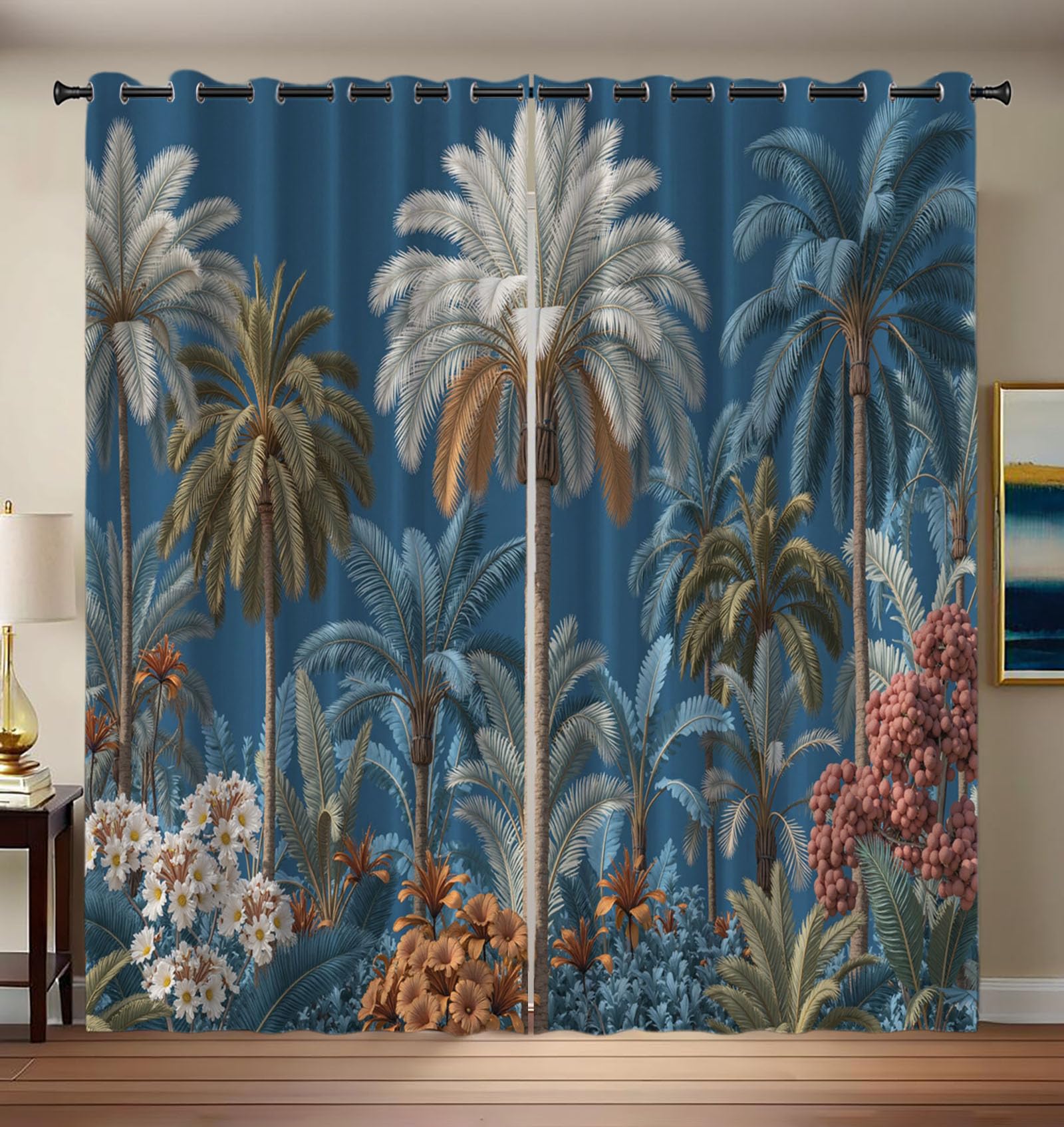 Rideau anti-lumière et froid bleu motif feuilles de palmier