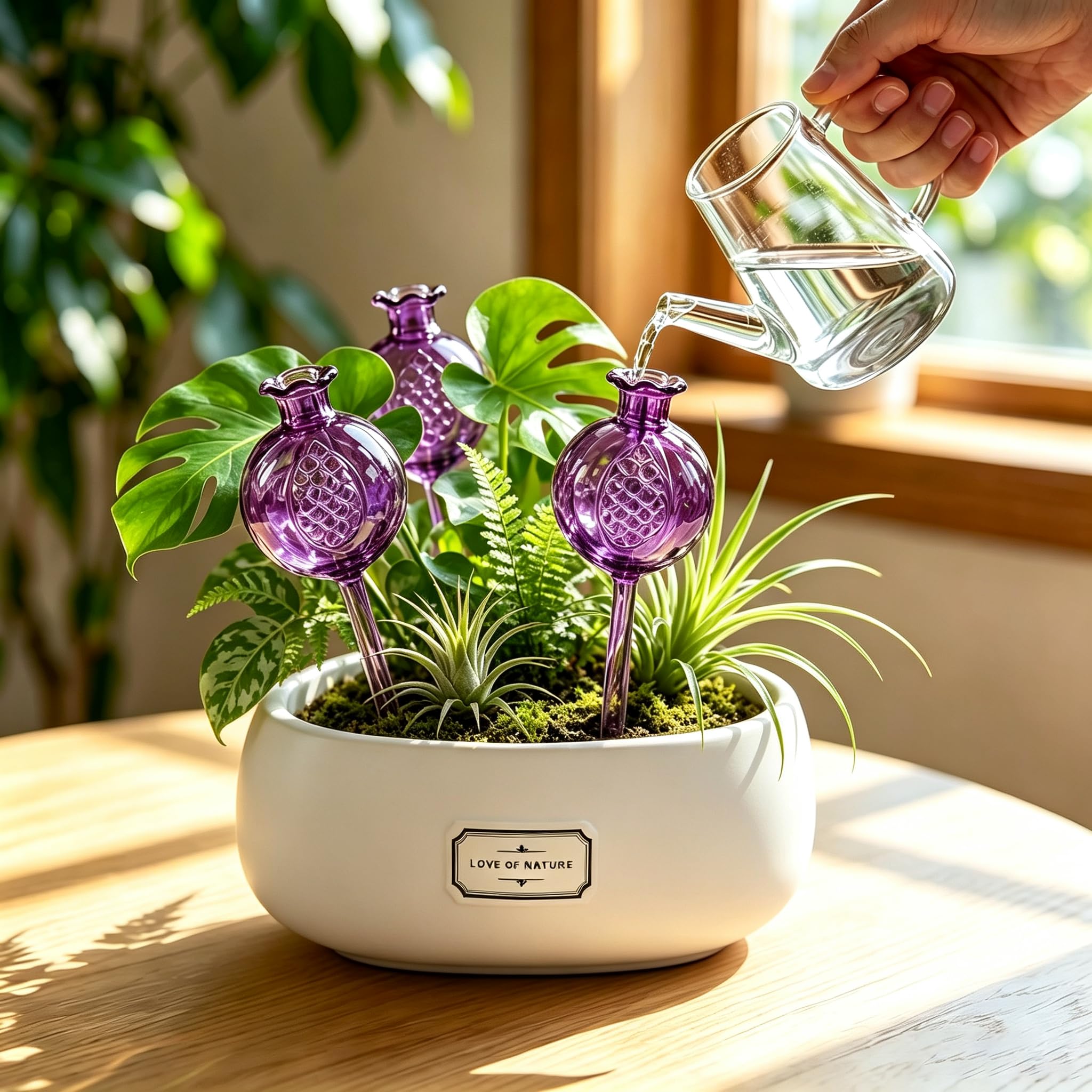 Lot de 3 globes d'arrosage automatique en verre violet en forme de grenade, arroseur automatique pour plantes d'intérieur pendant 5 à 7 jours, globes d'arrosage réglables en verre pour