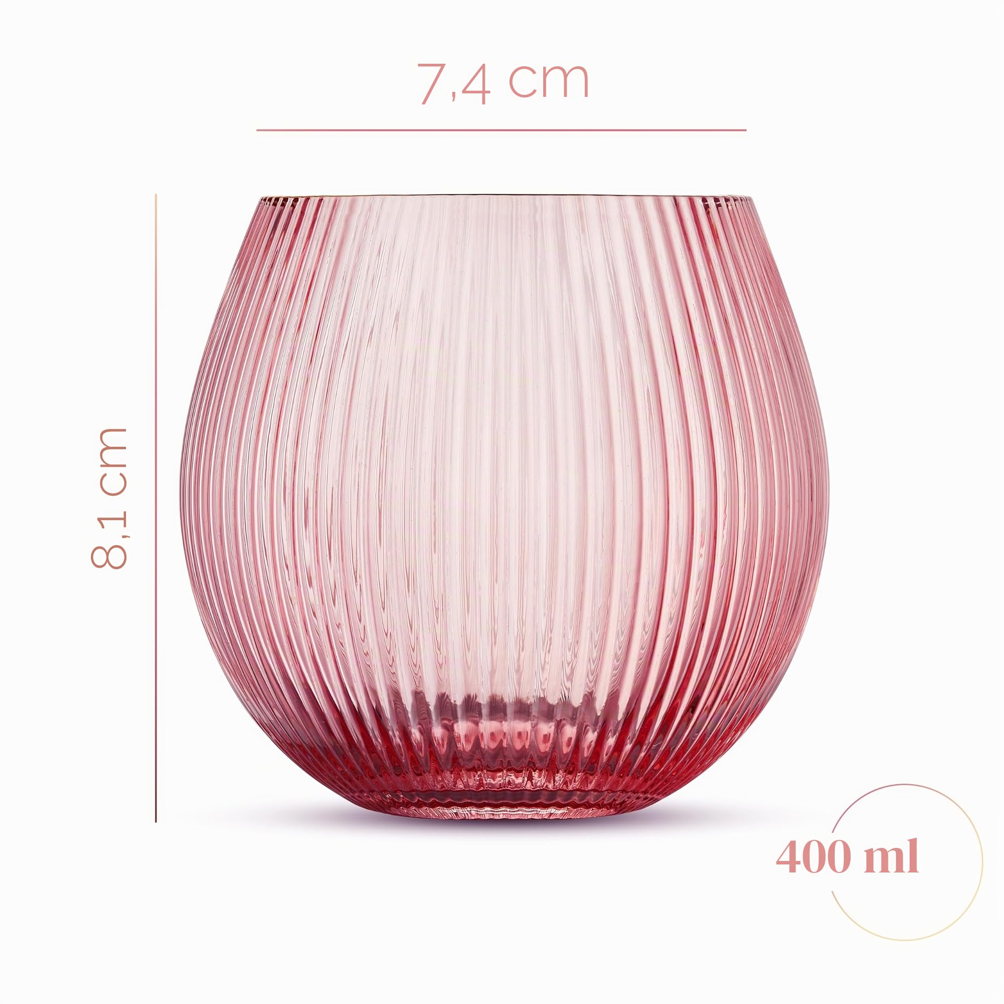 Copas de Cóctel Art Déco Rosas con Globo et Borde Dorado para Gin Tonic | Juego de 4 | 400 ml | Vasos de Cristal sin Tallo para Cócteles de Ginebra | Cristalería de Burbujas Acanalados