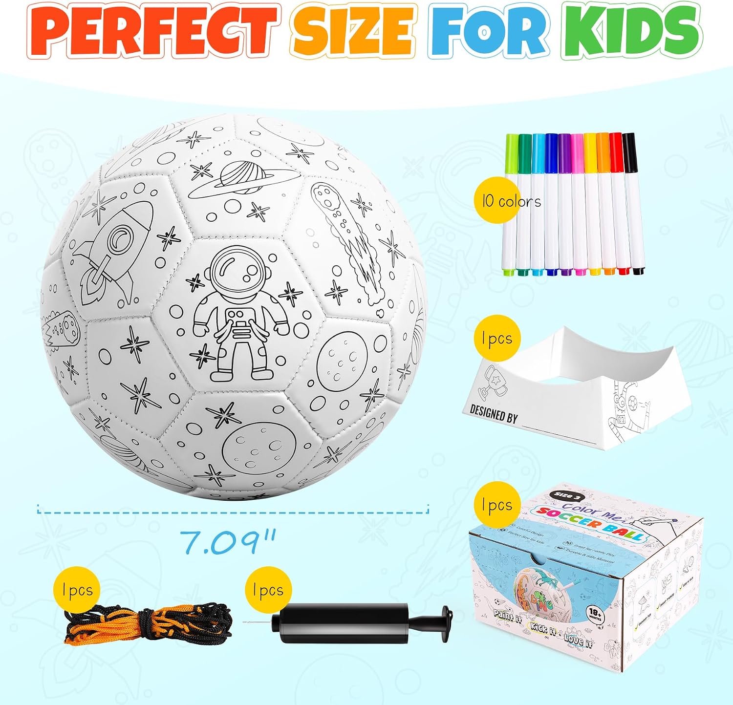 Kids Soccer Ball Size 3, Dinosaur Blue Soccer Balls & Paint Your Own Astronaut Soccer Ball Custom Design DIY Ball for Toddlers Kids