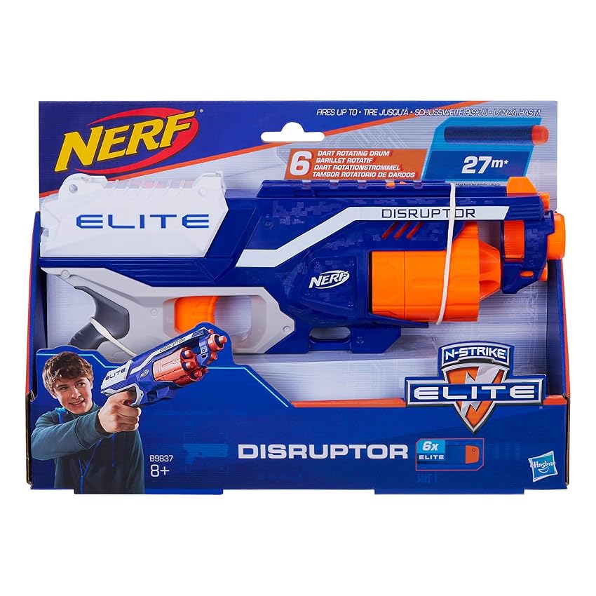 Hasbro Nerf Elite, Disruptor, Blaster Giocattolo, Per Bambini e Bambine da 8 Anni in Su, Tamburo Rotante con 6 Dardi Nerf Elite Originali, Blu e Arancione