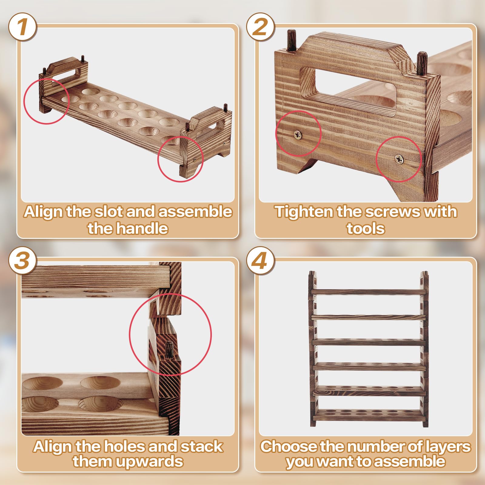 Maxcheck Soporte para huevos de madera de 6 capas para encimera, apilable, soporte para huevos de madera, almacenamiento de hasta 72 huevos, estante para huevos con asas, estante para huevos,