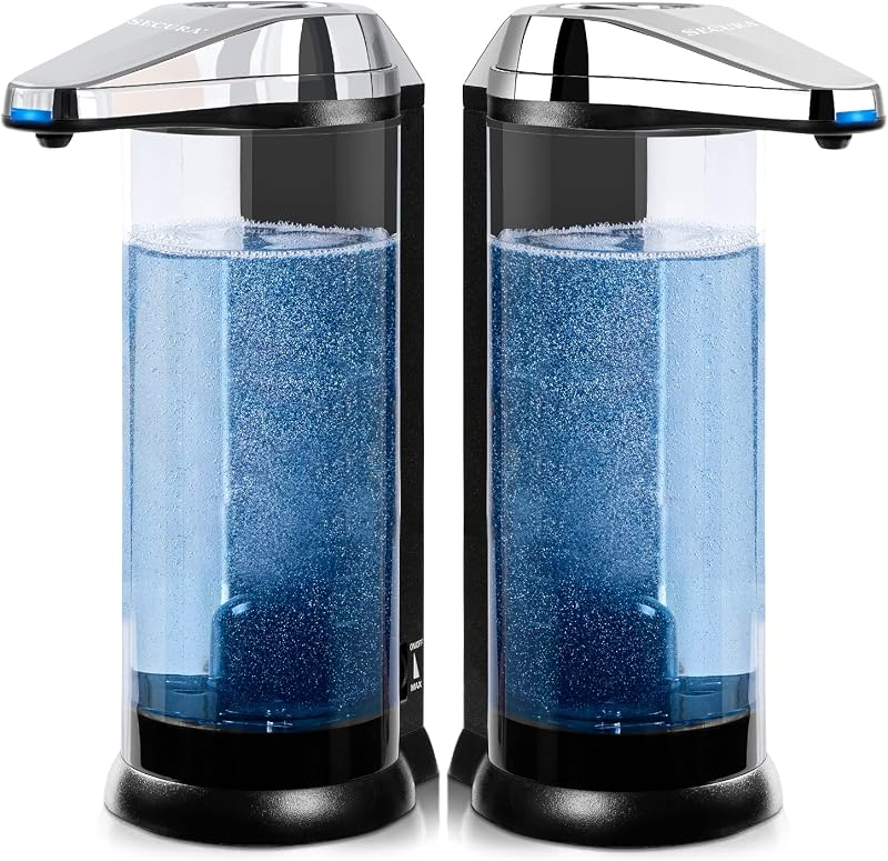 Secura Dispensador automático de jabón líquido de 17 oz, dispensador de jabón de manos sin contacto con batería con dial de control de volumen de dispensación de jabón ajustable, dispensador de cuidado personal (cromado-2 unidades)