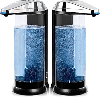 2 Pcs 17oz Touchless Battery Operated Automatic Liquid Soap Dispenser Set w/Adjustable Soap Dispensing Volume Control Dial, Suitable for Bathroom Countertop or Kitchen Sink (Chrome)