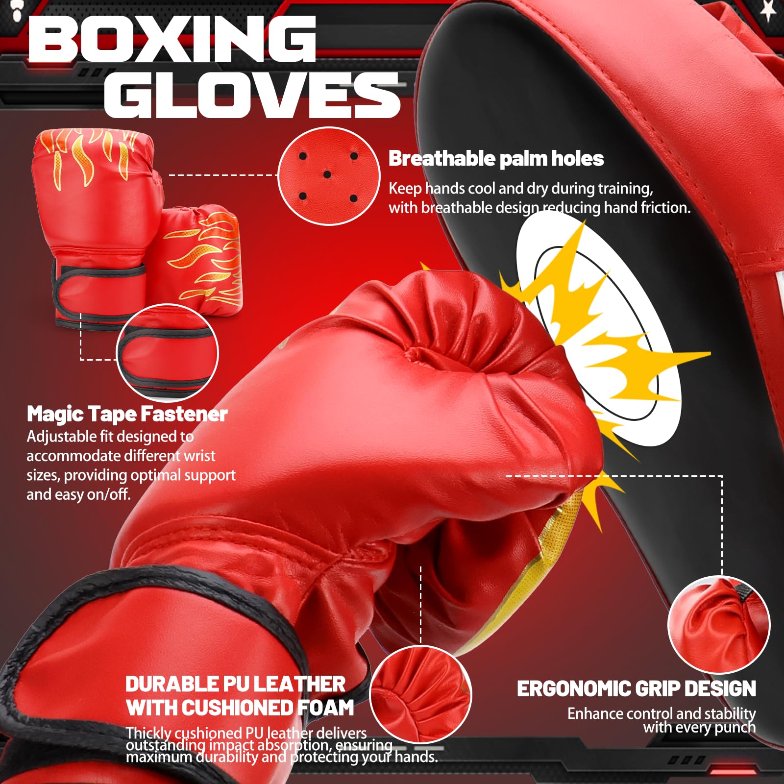 AFAIK 4-in-1 Boxhandschuhe und Pratzen Set Boxen Training Set für Kinder und Jugendliche Boxausrüstung mit Boxhandschuhe Gebogene Handpratzen Reflexball und Handbandagen für Boxtraining MMA, Muay Thai