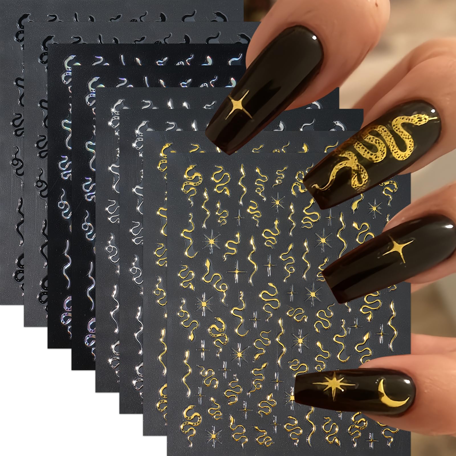 8 Sheets Black Snake Nail Art Stickers White Gold Laser Small Snake Nail Decals Star Snake Nail Art Supplies Holographic Golden Snake Nail Design Decoration Accessories for Women Girls Manicure DIY