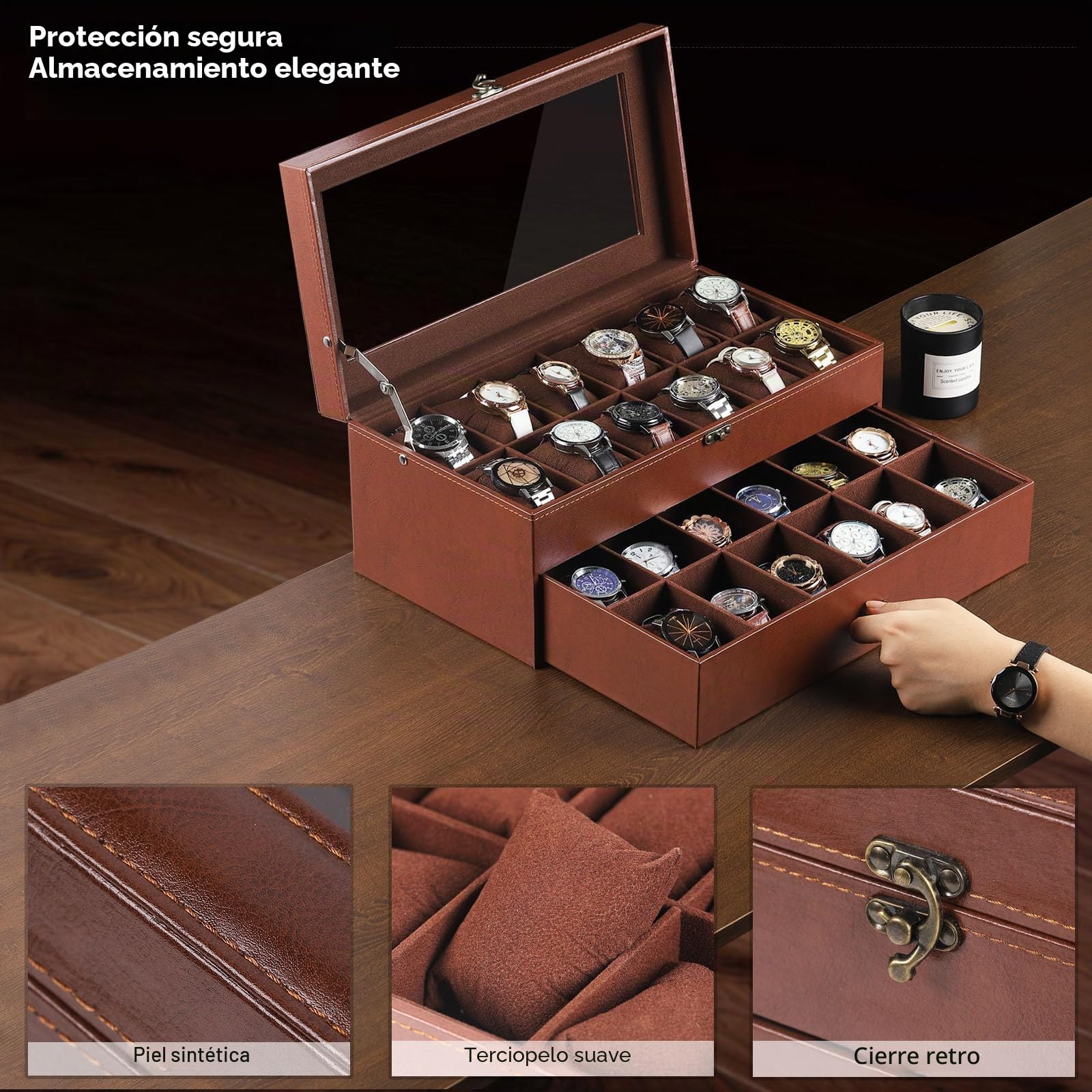 AUTOARK Caja organizadora de piel y terciopelo con 24 compartimentos para relojes, joyero con tapa de vidrio, cajón con cerradura, cojines extraíbles para relojes, color café, MKAW033
