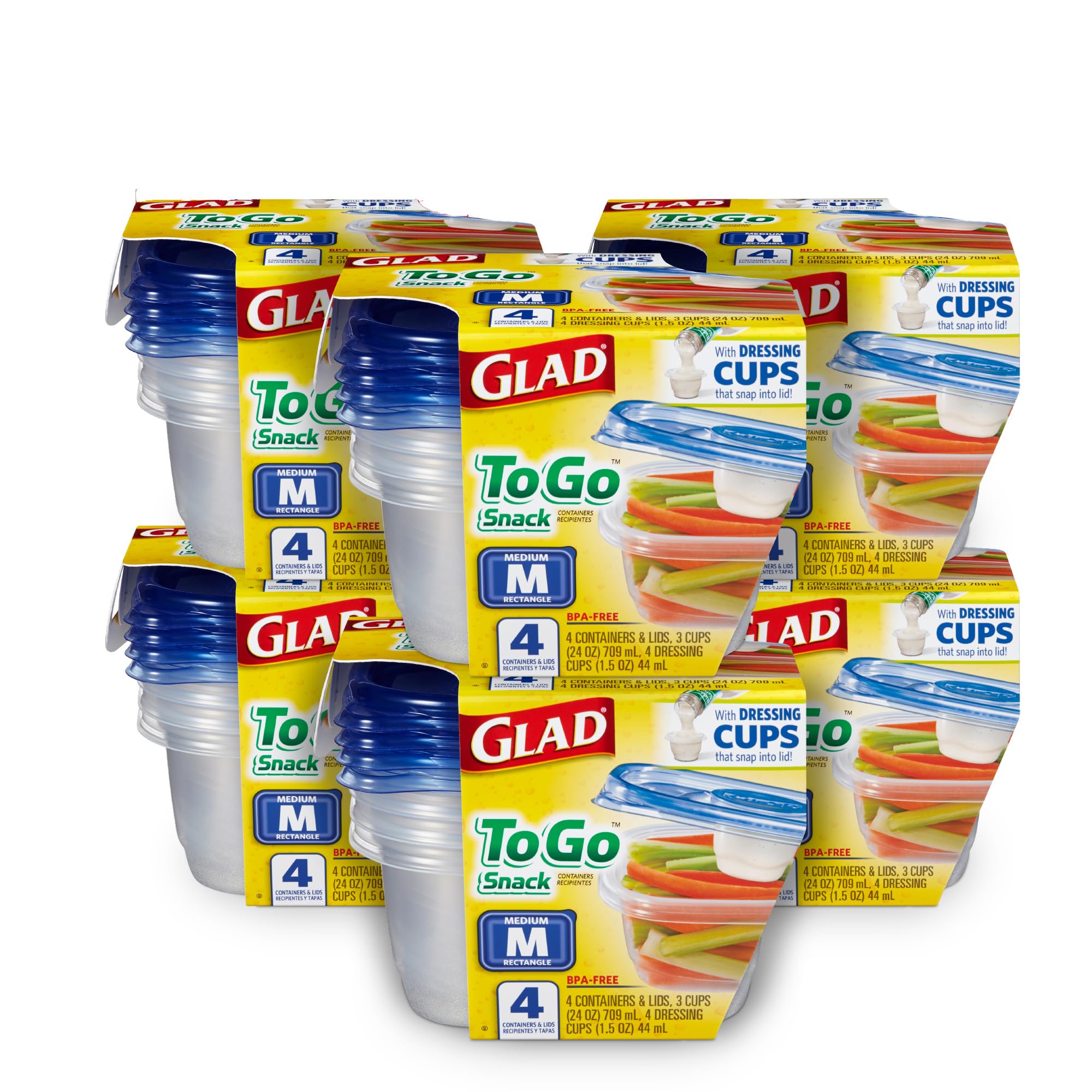 Glad To Go Food Storage Containers | Medium Containers for Food Storage from Glad | Strong and Sturdy Rectangle Containers in Standard Size (24 oz), 4 Count