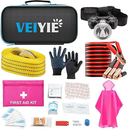 Kit de emergencia en carretera para automóvil con cables de puente, kit de primeros auxilios para automóvil, kit de emergencia para vehículos, kit