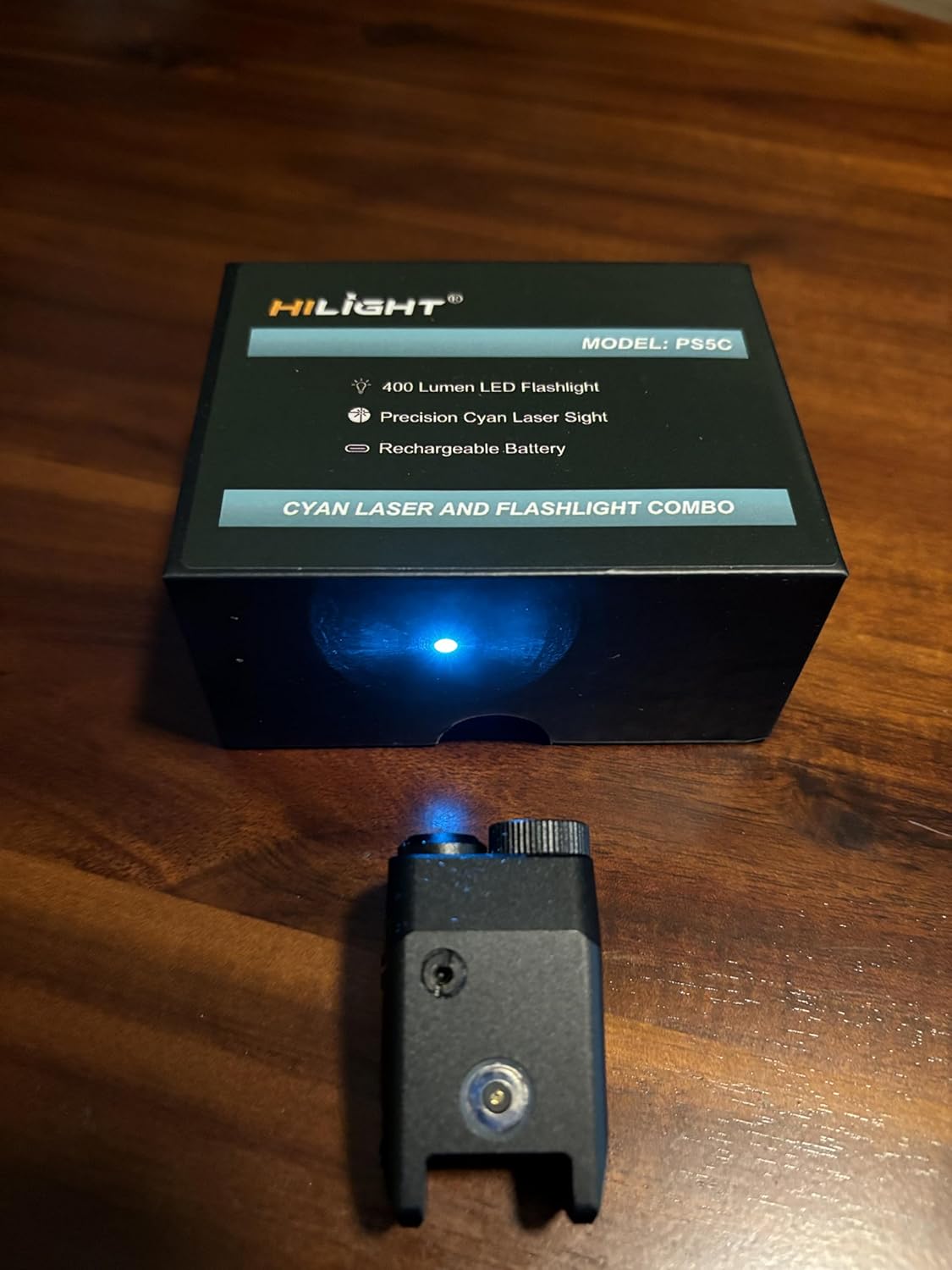 HiLight Tactical Primal Series - 400 Lumens Flashlight w/Strobe & Single Cyan Laser - Aircraft Grade Aluminum, Magnetic Rechargeable Battery - Rail Mount Light & Laser Class IIIA, <5mW