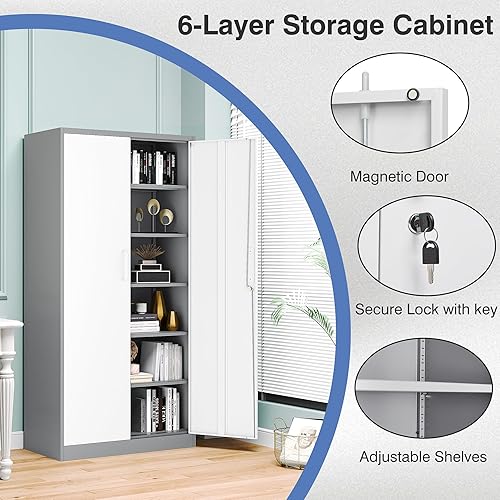 Miniatura 13 de Armario de almacenamiento de metal con cerradura, gabinete de almacenamiento de 72 pulgadas de alto con puertas y estantes ajustables, armarios de