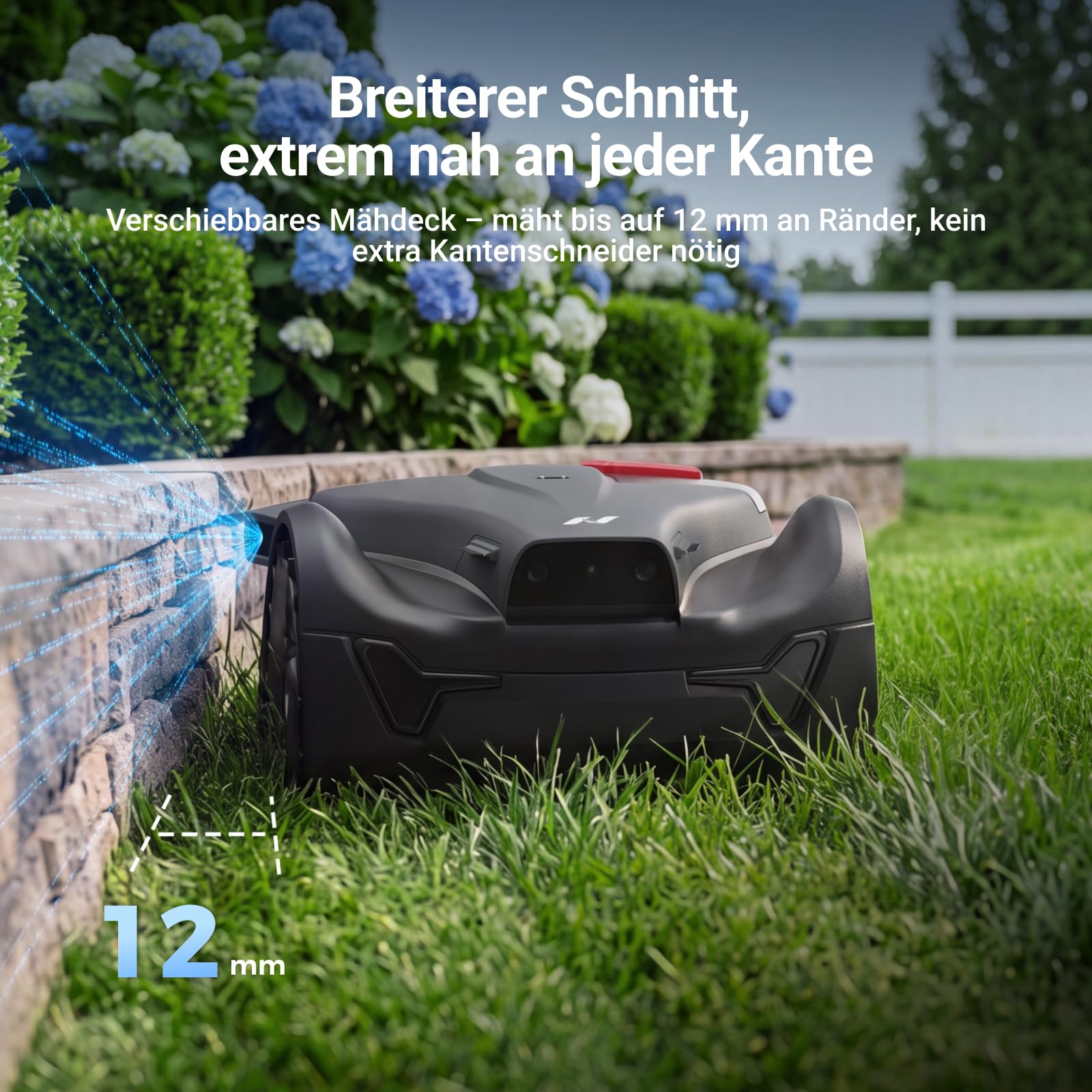 NovorikX X3 Pro Mähroboter ohne Begrenzungskabel für 1500 m², 12mm Ultra-Präziser Randmähen, Verschiebbare Messerscheibe, RTK+3-Kamera-System, Nachtbeleuchtung, KI-Hindernisvermeidung, App-Steuerung