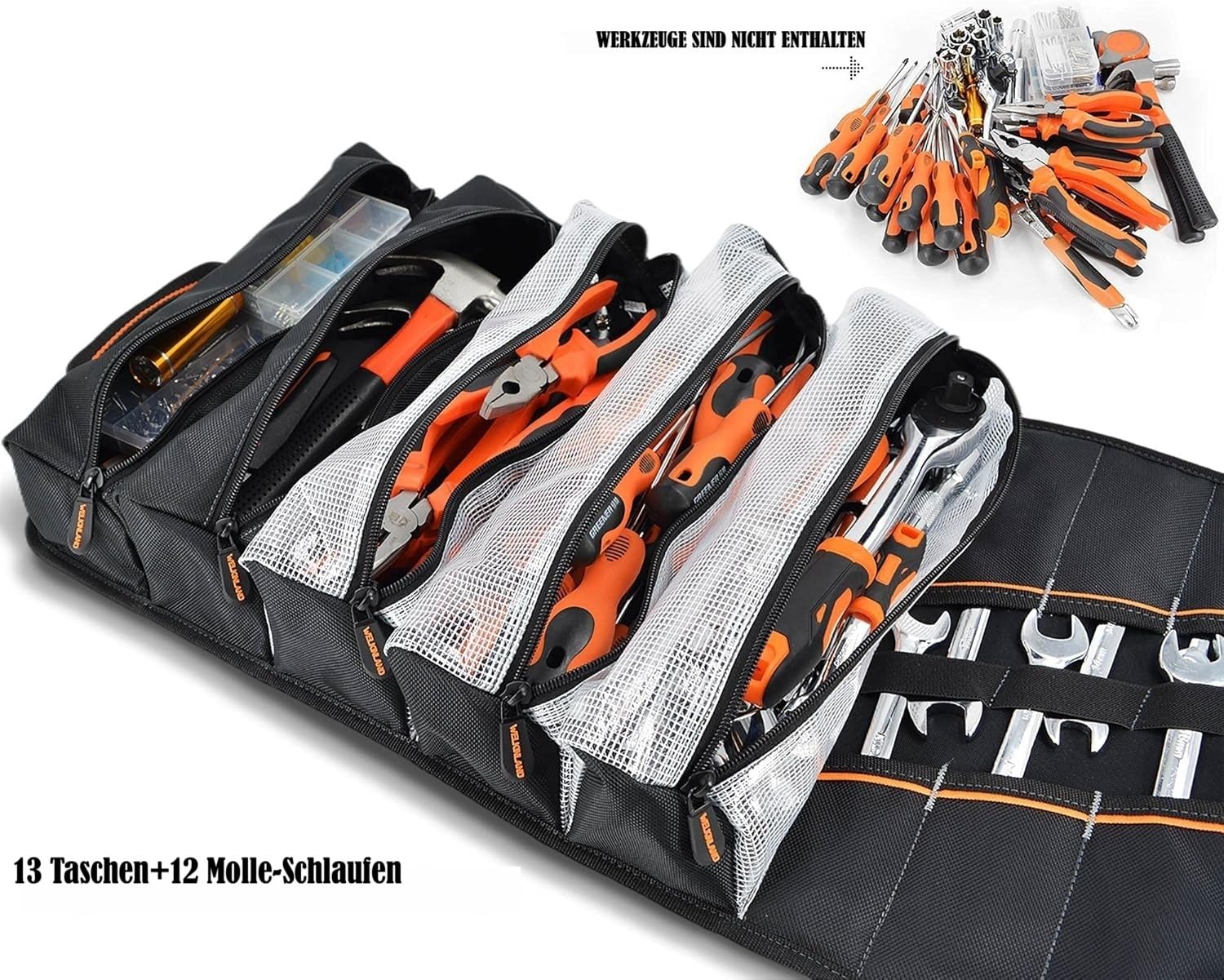 WELKINLAND HerrenWerkzeugrolle, Werkzeugtasche zum Aufrollen, 13 geräumige Taschen, inkl. 5 großer Reißverschlusstaschen und 7 Schraubenschlüssel-Taschen, transparent, robust, multifunktional