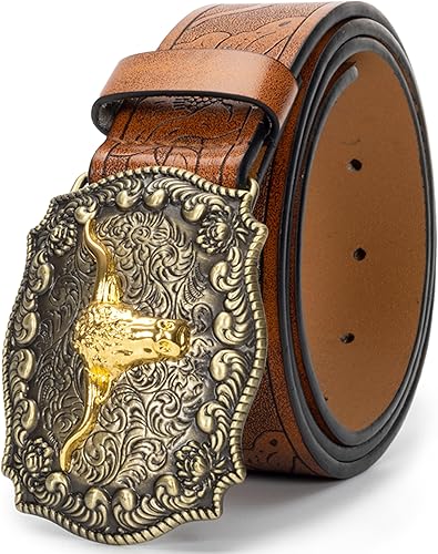 Cinturón de vaquero occidental para hombre y mujer, de piel sintética, estampado floral, con hebilla de toro (para 25" a 38" cintura)