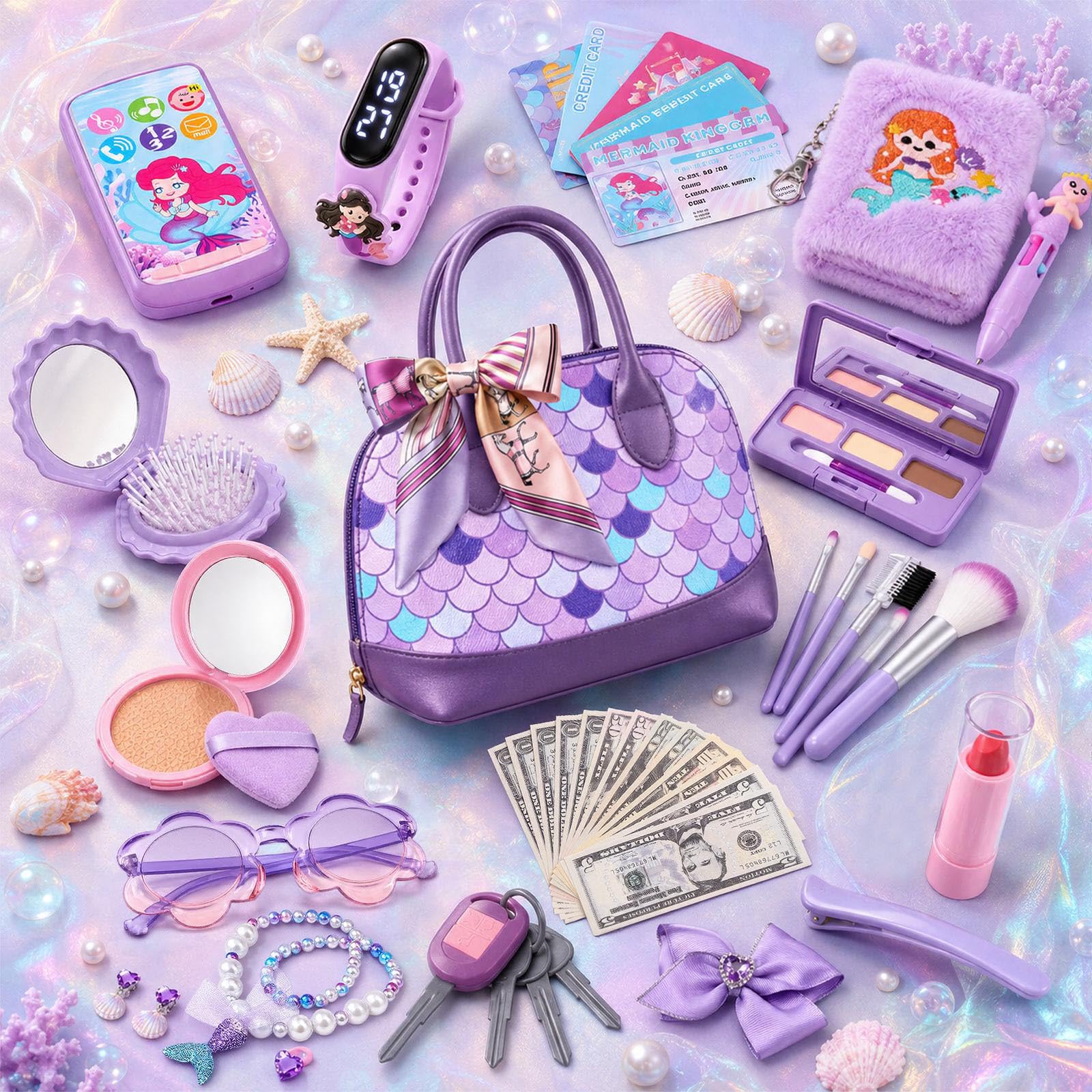 Bolso Sirena Niña 3+ Años con Maquillaje Juguete y Reloj Real Funcional