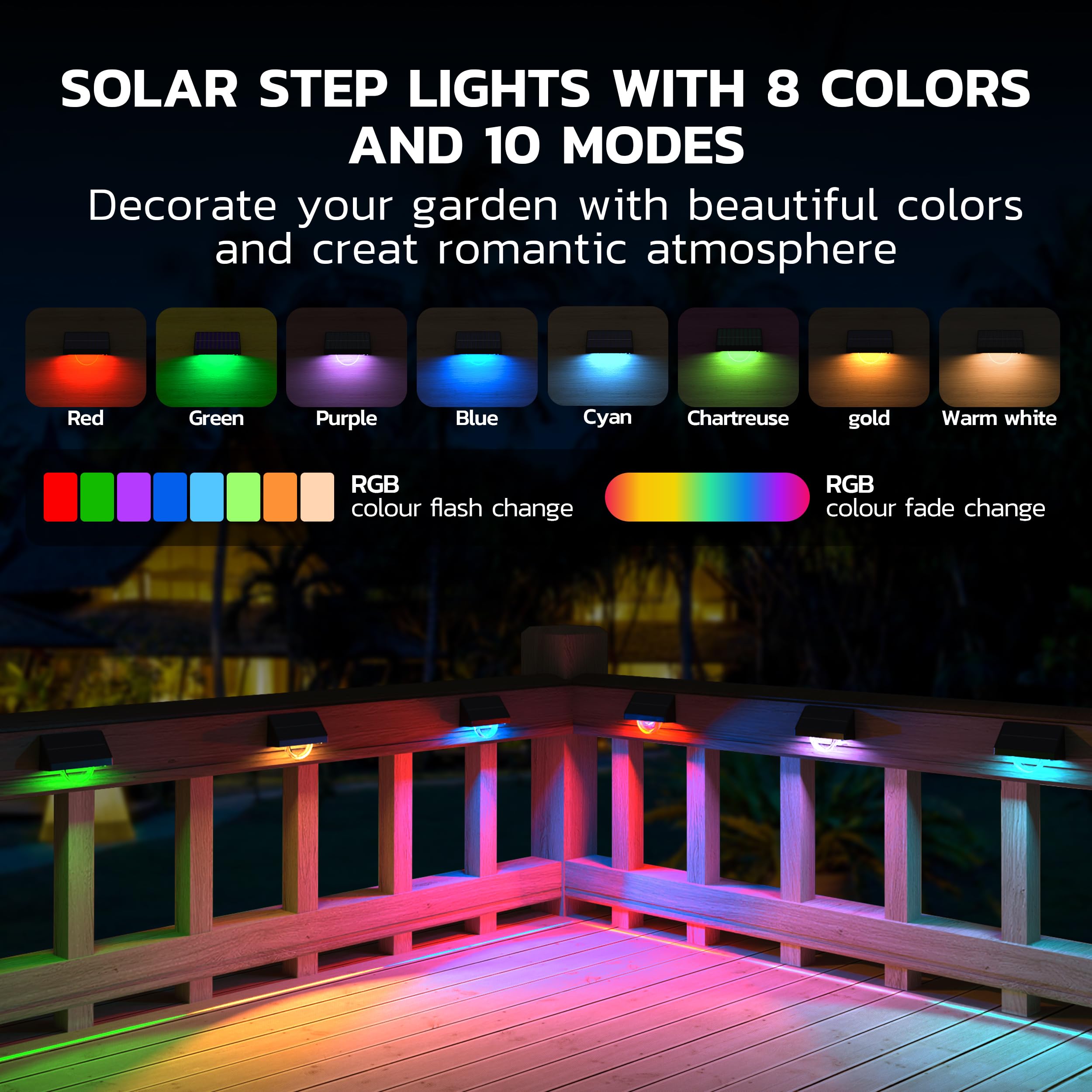 sununiny 4 Pack Solar Lights Outdoor Garden,Outside Lights Solar Powered for Steps,8 Fixed Colors & RGB Color Changing IP44 Waterproof Solar Light for Backyard Patio Front Porch Decor - Image 2