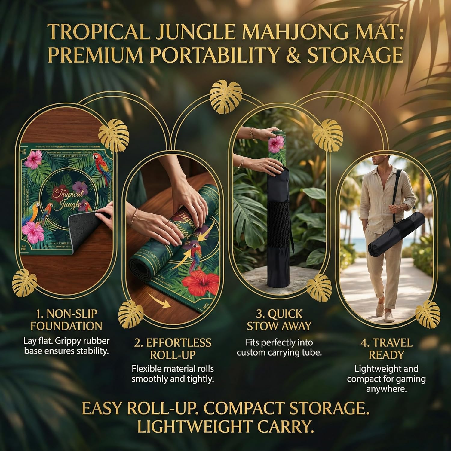 Mahjong Mat for Table - 32.3 Inch Waterproof & Non-Slip PU Velvet Surface, Lightweight No Crease No Odor Design for Noise Reduction,Includes Printed Rules (Jungle)