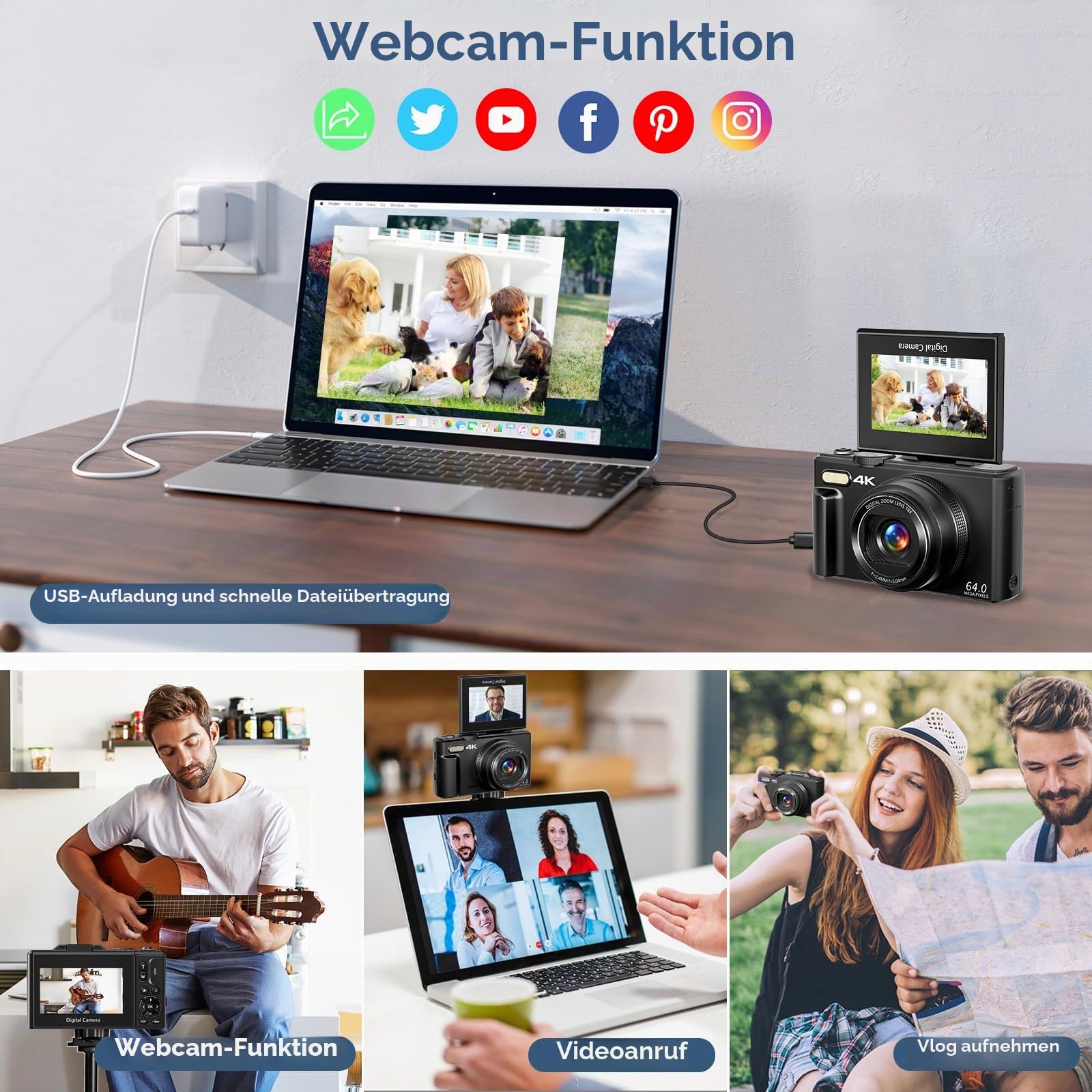 Gavonde Digitalkamera für Fotografie, 4K Vlogging-Kamera mit 3 Zoll 180° Flipscreen, 18X Digitalzoom, Schwarz