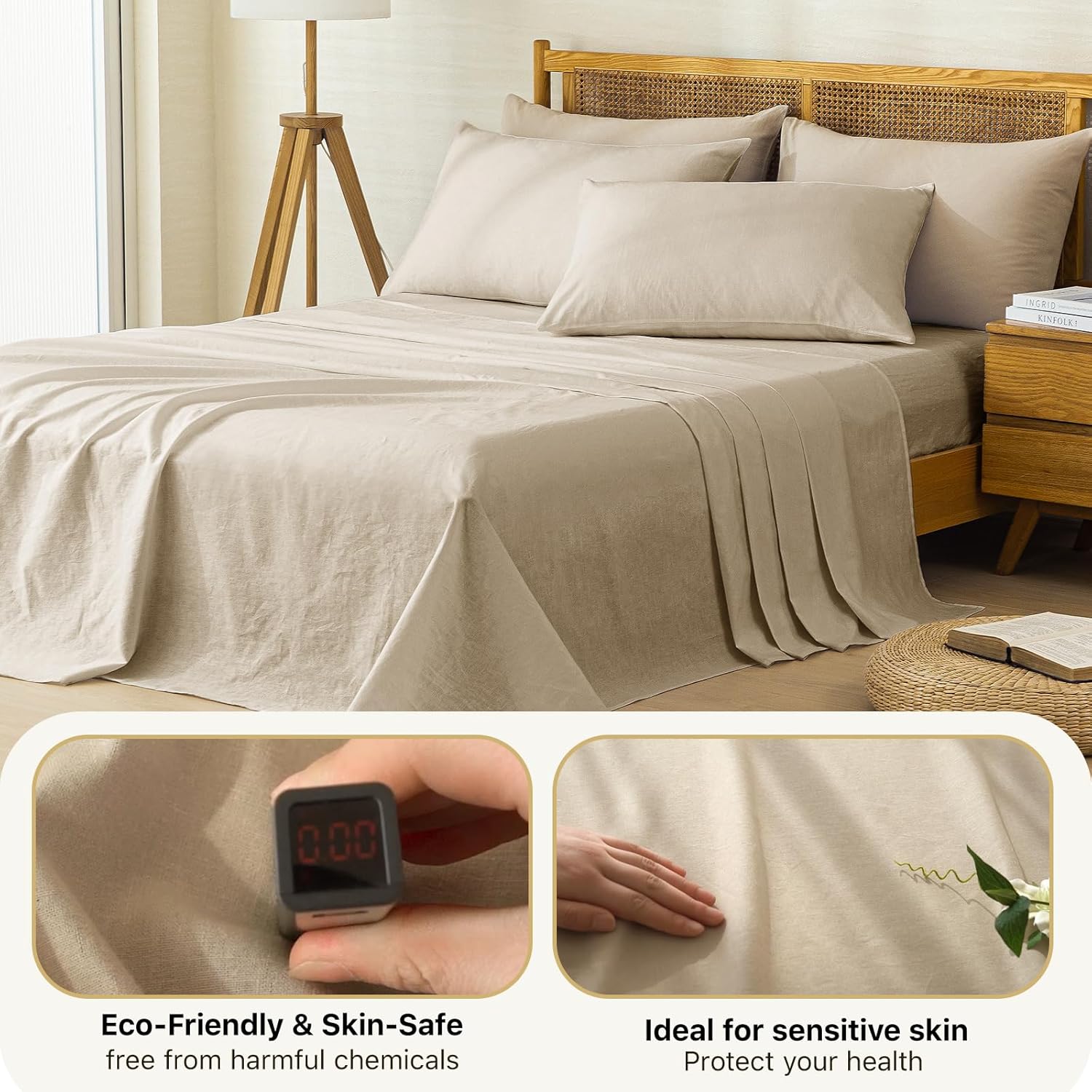 100% Linen Sheets Queen Size 4 Piece - Washed Natural Flax Bedding Set, Ultra Breathable Soft Durable Flat Sheet, Fitted Sheet Set with 16" Deep Pocket, All Season (Linen, Cal King)