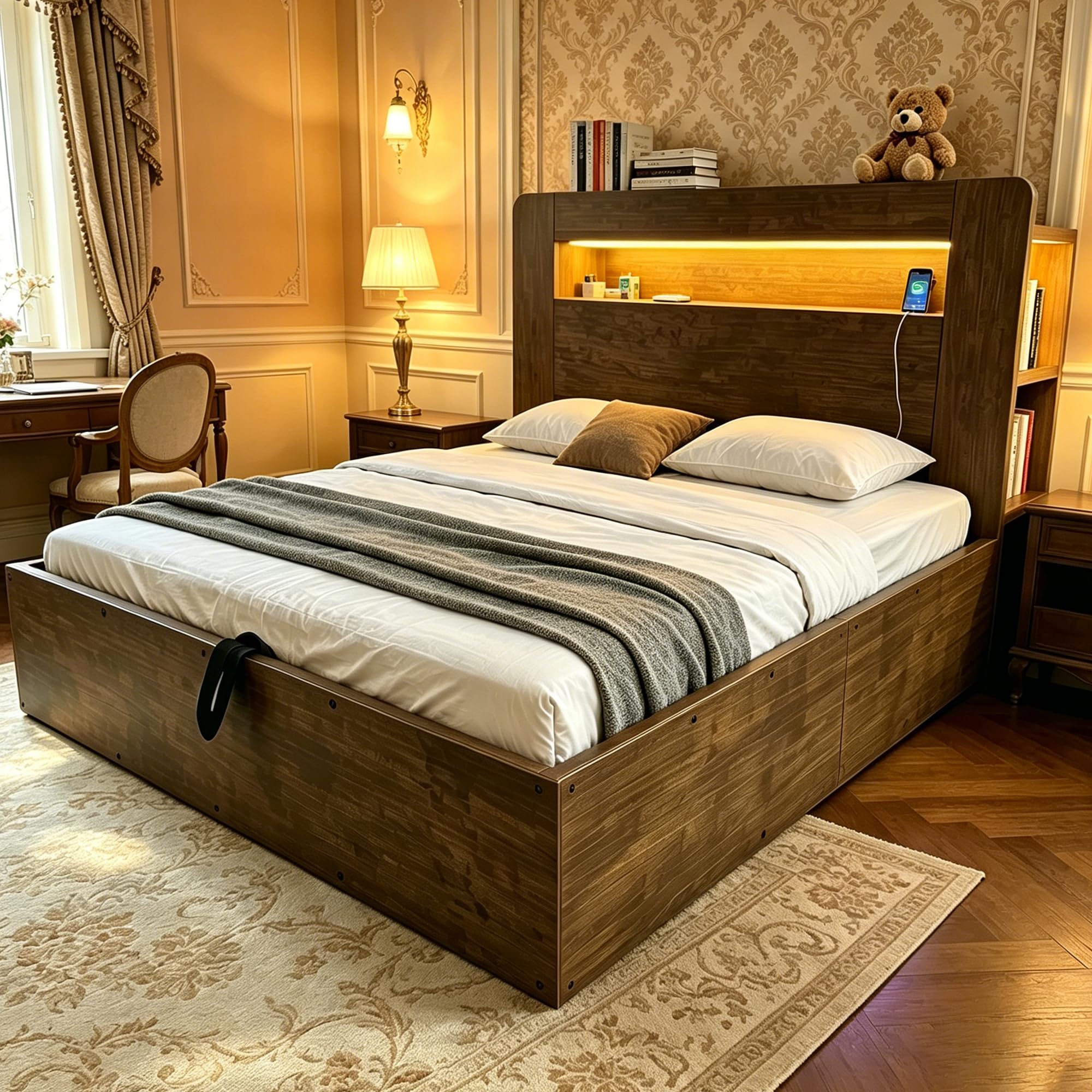 Camas Juveniles Cama 140x200 cm con Enchufe y USB, Camas Matrimoniales con LED y Cabecero de Almacenaje, Cama Doble con Almacenamiento Hidráulico, Somier de Madera, Sin Colchón, Madera Vintage