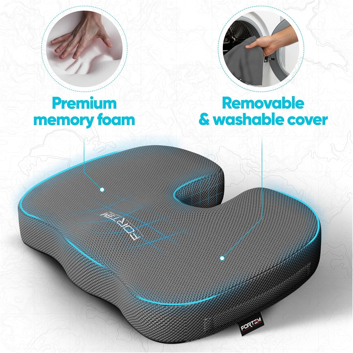 FORTEM Seat Cushion, Office Chair Cushion, Desk Chair Memory Foam, Sciatica Coccyx Tailbone Pain Relief, Pressure Relief, Sitting Pad, for Long Gaming & Sitting, Washable Cover, Non Slip