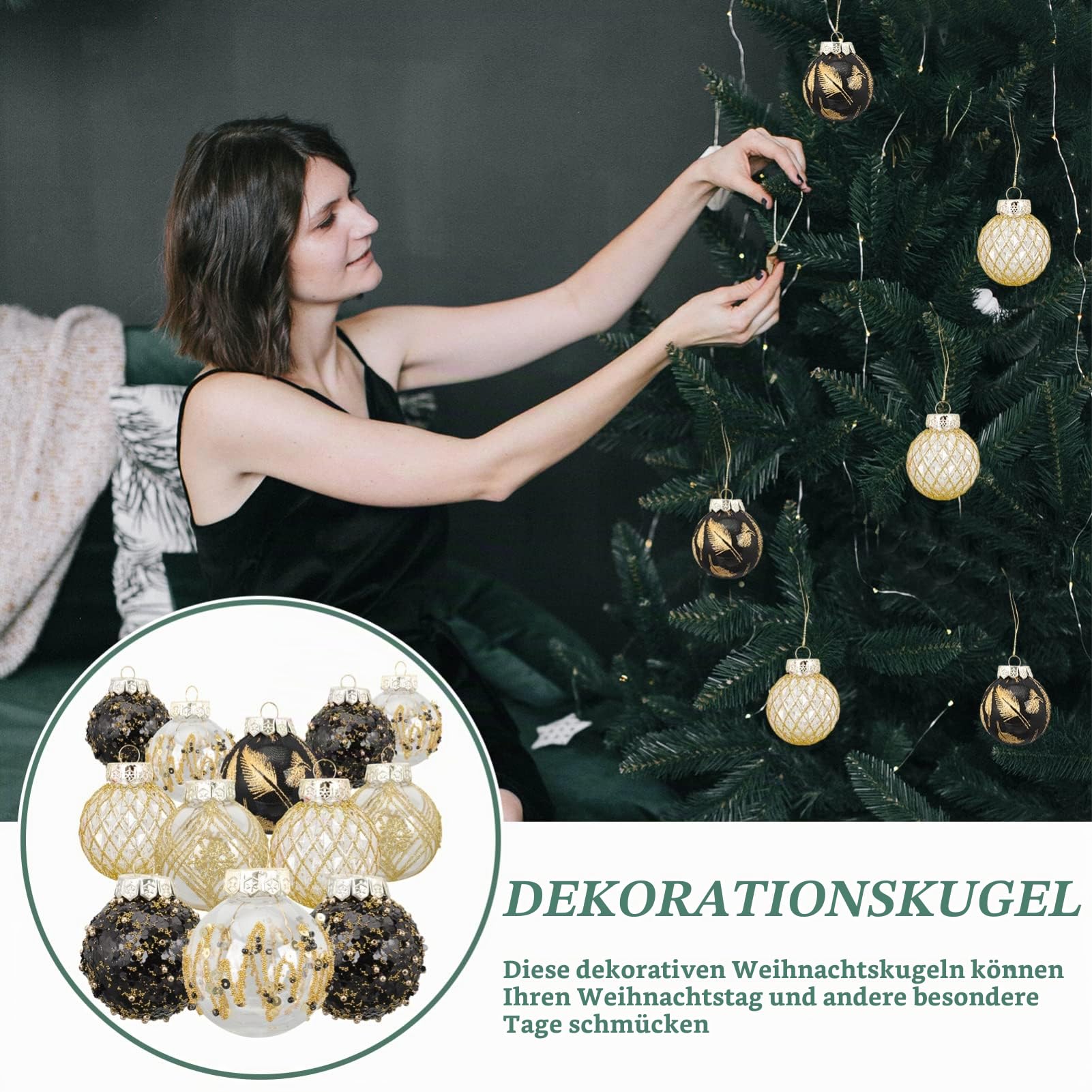 PRETYZOOM 25 Stücke Weihnachtskugeln Glitzer Christbaumkugeln Schwarz Gold Weihnachtsbaum Kugeln Kunststoff Christbaumschmuck Weihnachtsbaum Anhänger für DIY Weihnachten Party Urlaub Dekoration