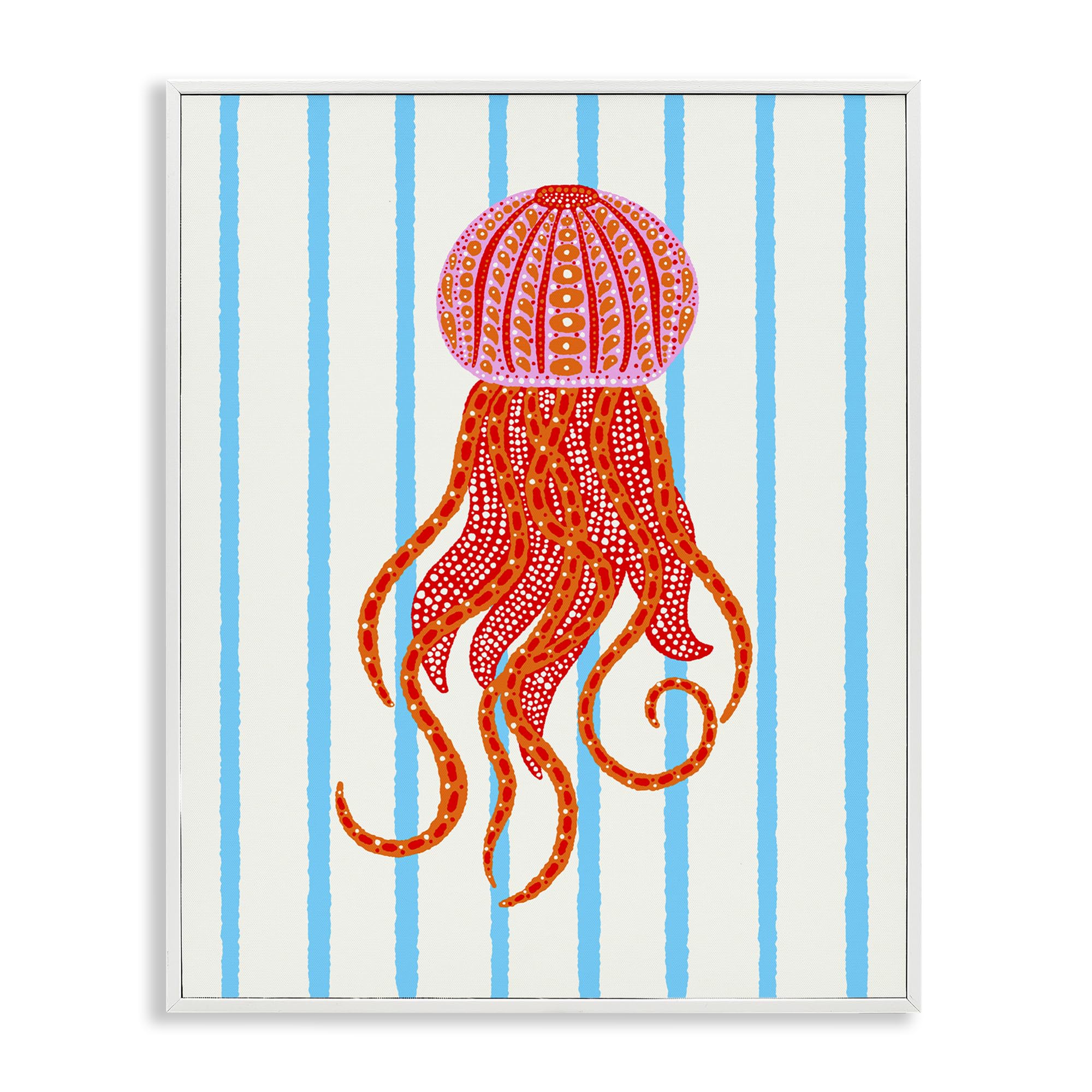 Stupell Industries 'Bright Aquatic Jellyfish on Stripes', Framed Giclee Art, White, 24 x 30 Inches, Easy to Hang and Sturdy, Made in USA, by Indira Prieto | IndySign