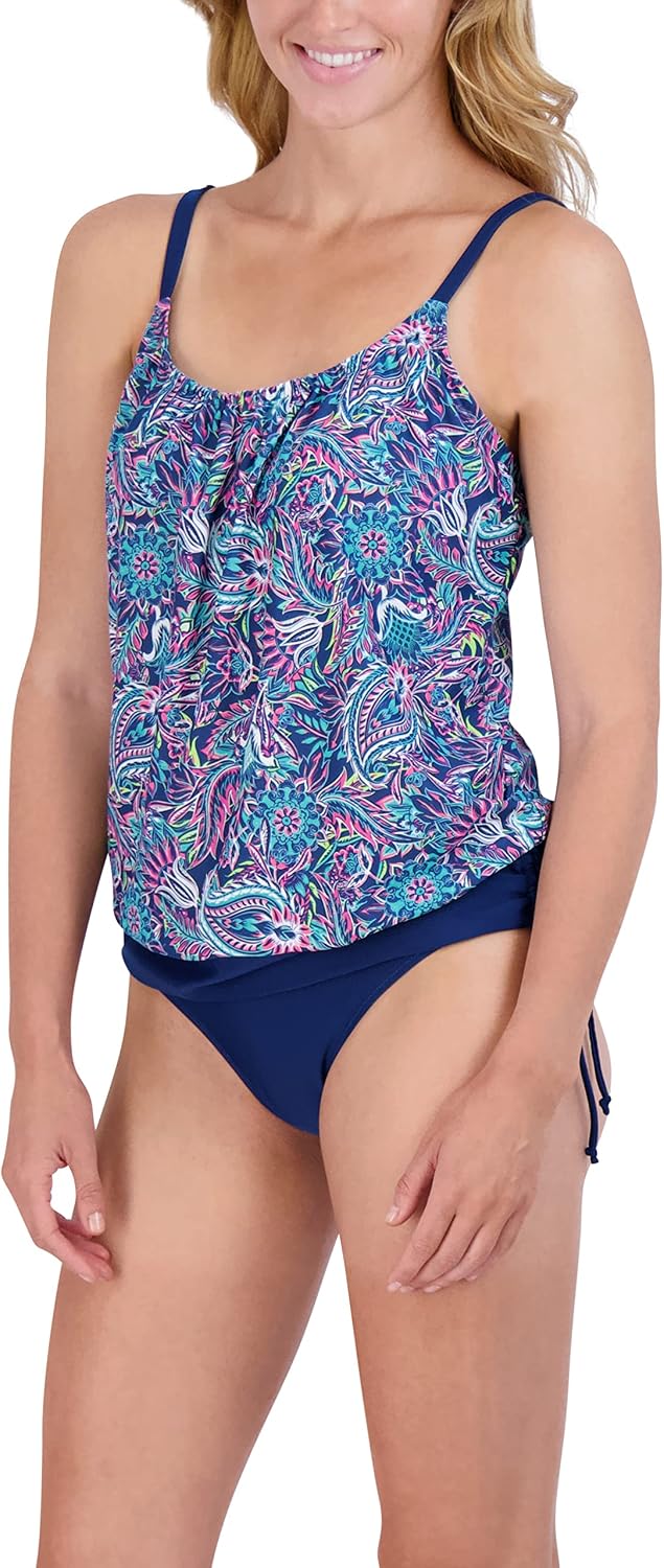 CARIBBEAN JOE Women's Blouson Tankini Tummy Control Quick Dry Sewn in Cups Adjustable Strap Swimsuit Set