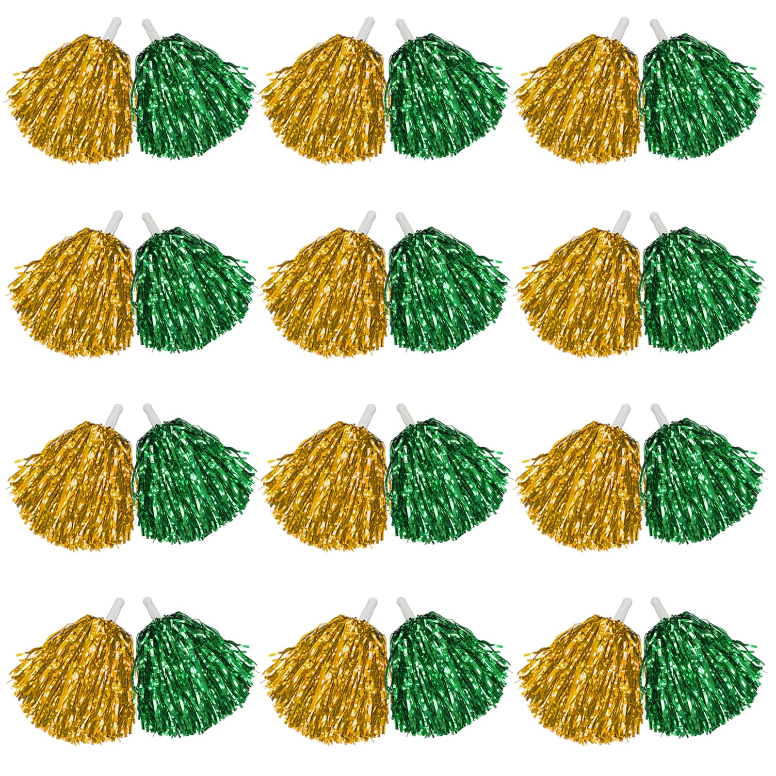 DILIBRA 24 Pcs Metallic Cheerleading Pom Poms with Baton Handle (Gold+Green