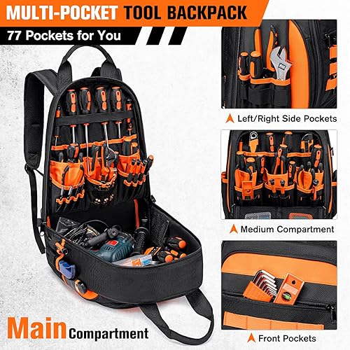 Miniatura 4 de Mochila de herramientas resistente para hombres y mujeres, 77 bolsillos resistente al agua, bolsa de herramientas Hvac, organizador de mochila con