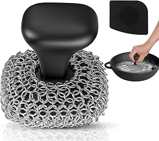 Cast Iron Scrubber | Dish Scrub Brush | 316 Cast Iron Cleaner Chainmail Scrubber for Pan Skillet Cleaner - Dish Scouring Pad Dishwasher Safe Cleaning Kit, Black 03