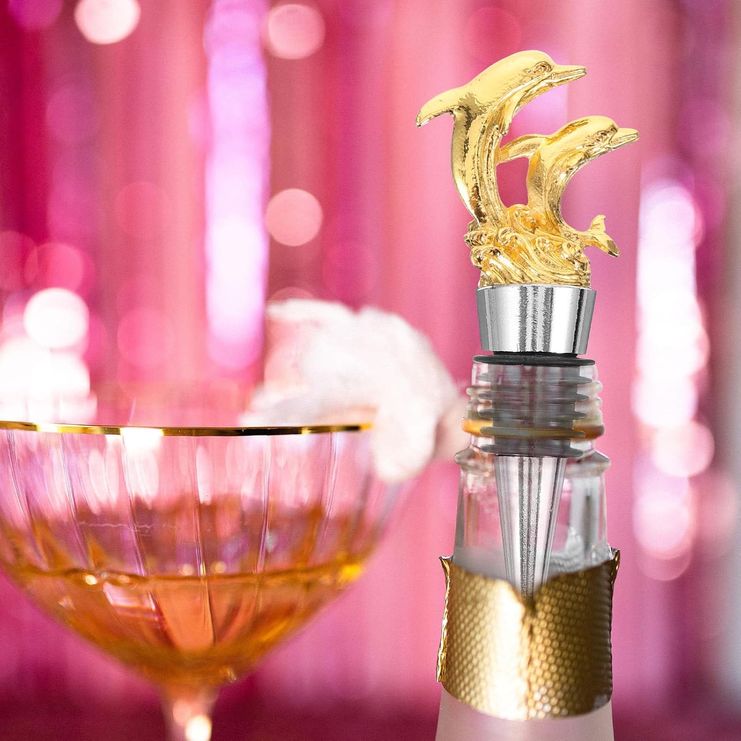 Artibetter Double Dolphin Decorative Wine Bottle Stopper Metal Wine Stopper for Party Use Airtight Leak-proof Accessory Gold Zinc Alloy Ocean Series