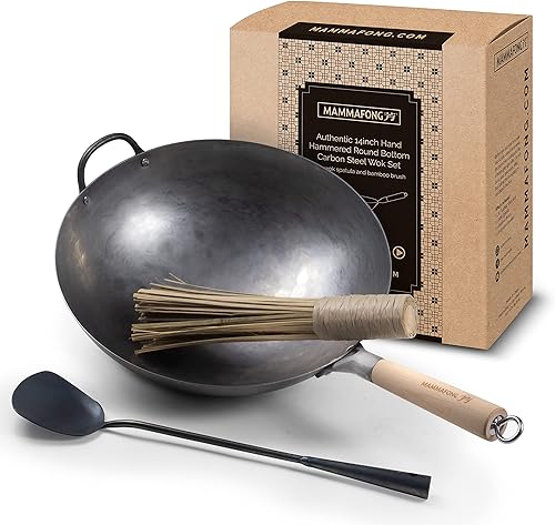 Mammafong Juego tradicional de wok de acero al carbono con fondo redondo martillado a mano con espátula Wok y cepillo de bambú (wok de 14 pulgadas