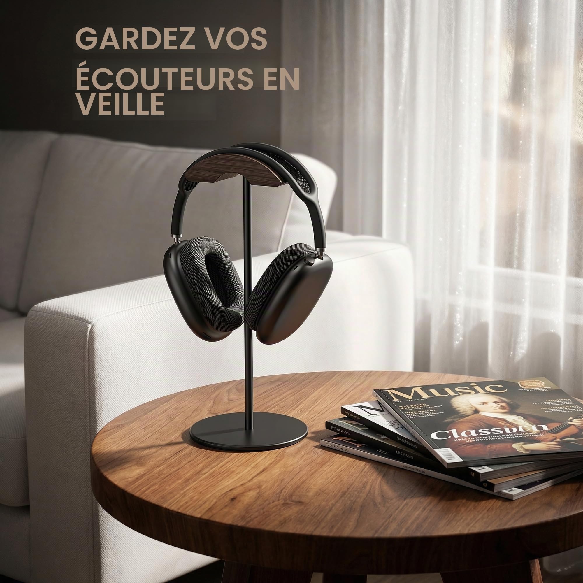 Support Casque, Support des Écouteurs en Noyer et Aluminium, Porte de Casque de Jeu avec Base Solide Lourde pour Toutes Les de Casques (Noir)
