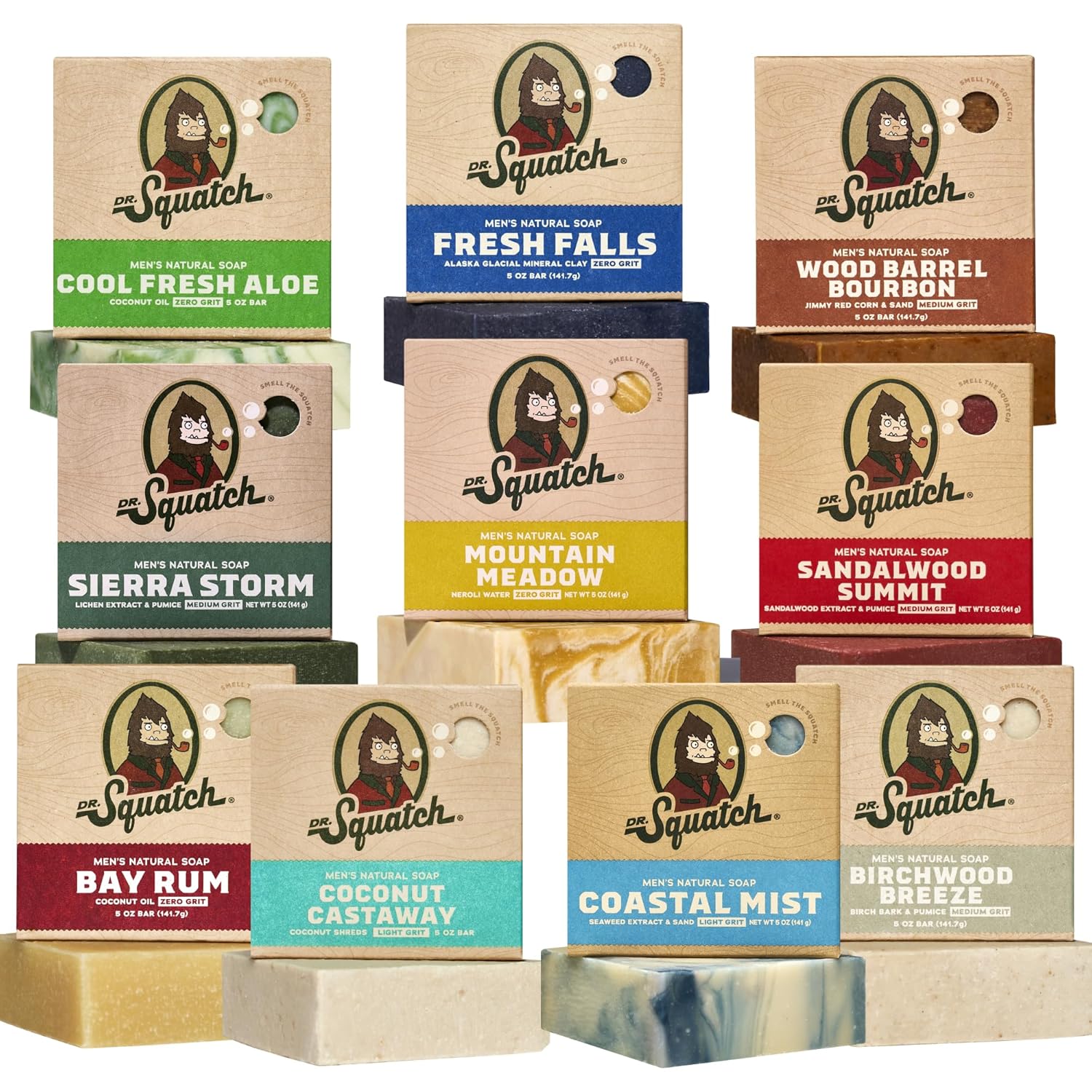 Dr. Squatch Natural Men’s Bar Soap - Cold Process Body Soap Bar with Natural Oils - Gifts for Men - Coconut Castaway, Fresh Falls, Wood Barrel Bourbon, Birchwood Breeze & more (5 oz, 10-Pack)