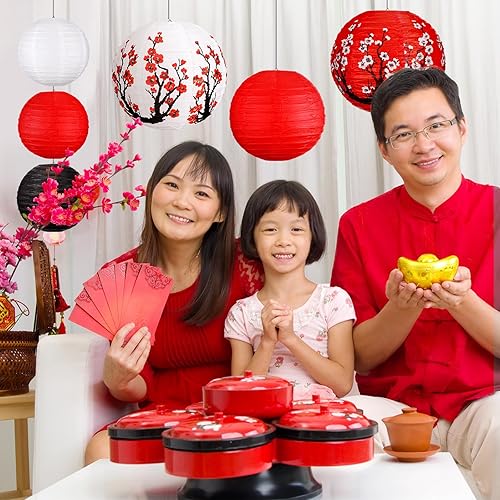 Miniatura 8 de Bencailor Farol chino japonés de papel, farol de año nuevo chino, decorativo, hueco, redondo, flor de ciruelo, rojo, blanco, oro, farol chino,