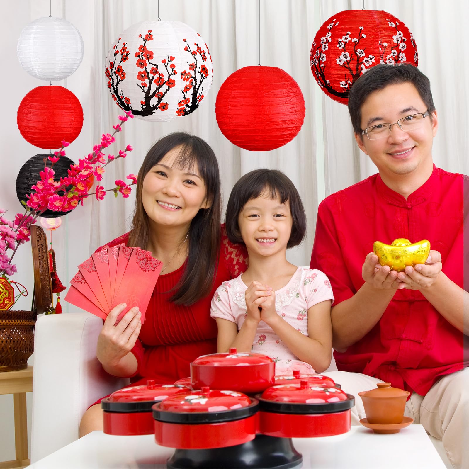 13 Pcs Chinese Japanese Paper Lantern Chinese New Year Lantern Decorative Hollow Out Round Plum Blossom Red White Gold CNY Party Decor for Spring Festival(Dark Color)
