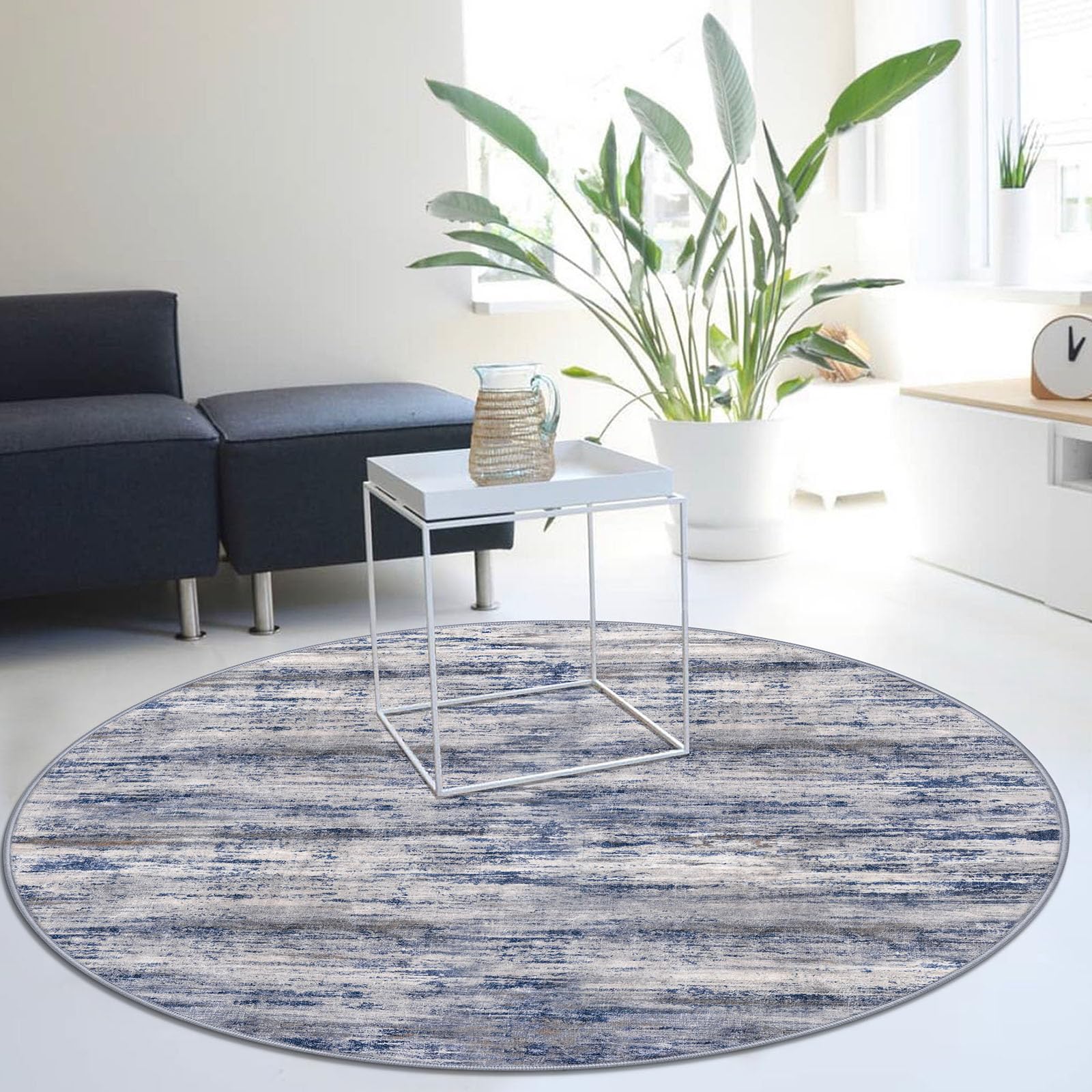KOZYFLY Modern Abstract Round Washable Rug 5Ft, Non-Slip Soft Kitchen Bathroom Circle Rug, Grey-Blue Striped Entryway Rugs Abstract Faux Wool Doormat