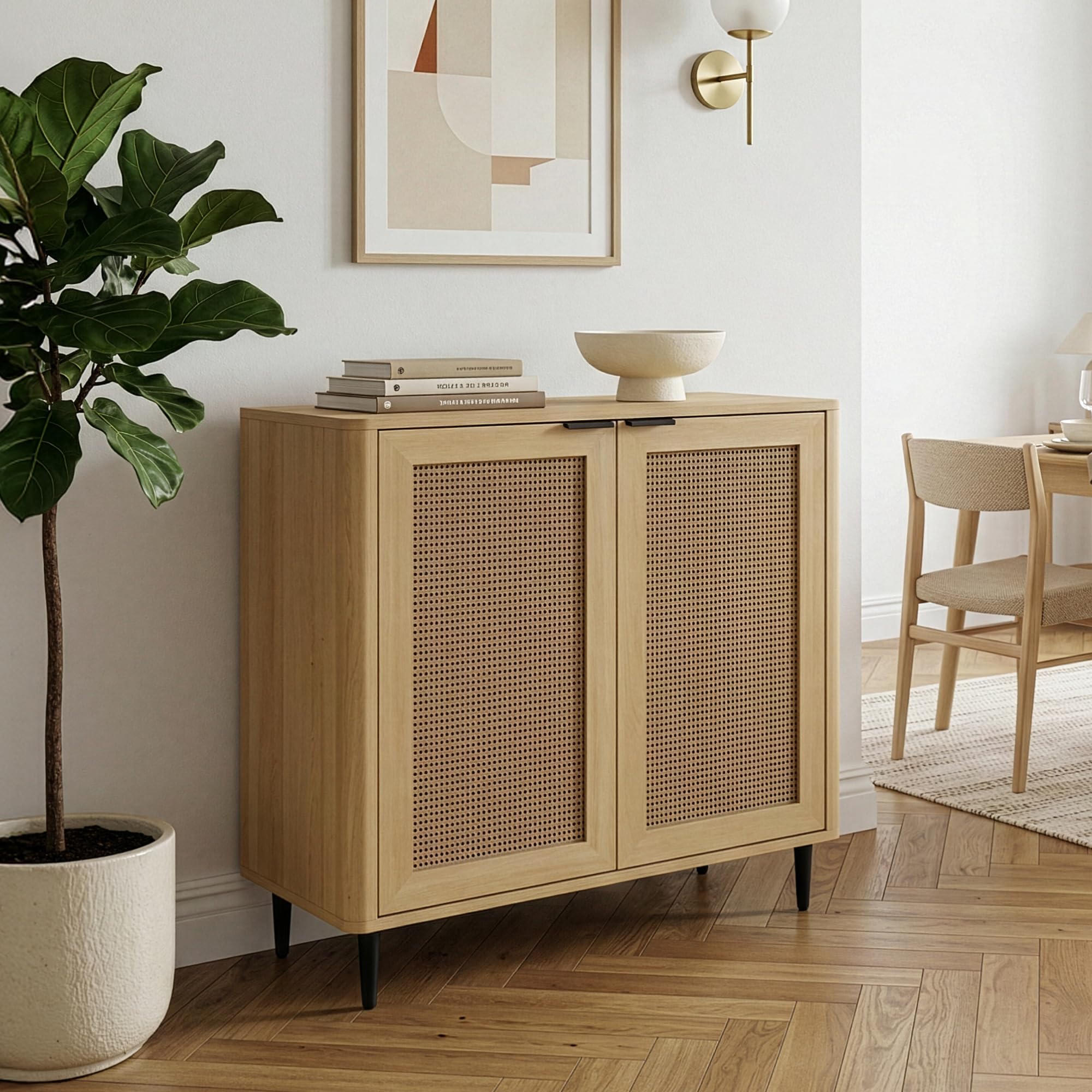 [en.casa] Credenza Bassa Ante con Inserto Intreccio Effetto Rattan Armadio Basso Madia Moderna per Soggiorno Ingresso Sala da Pranzo 83 x 80 x 40 cm Effetto Rovere