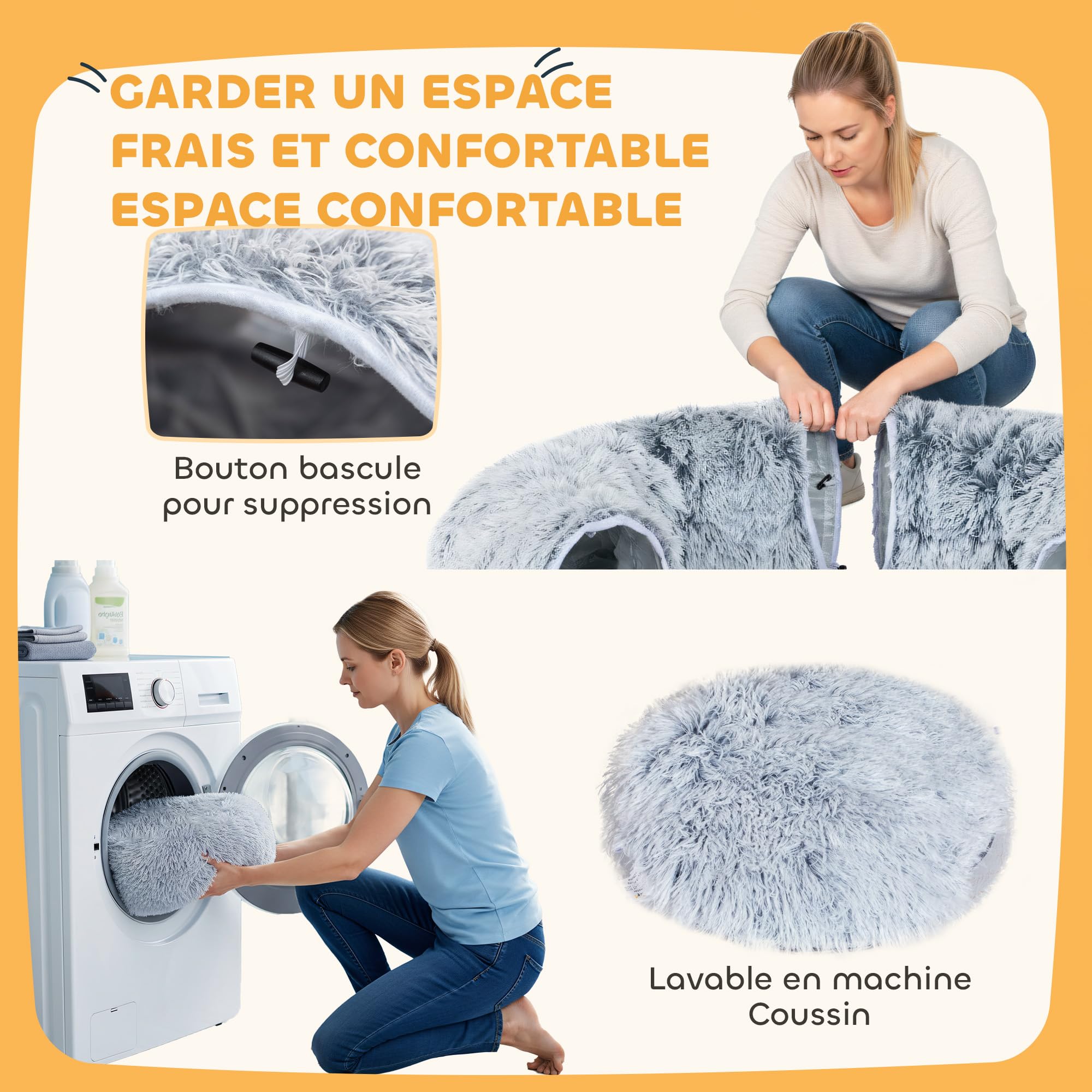 PawHut Tunnel pour Chat Intérieur 2 en 1 avec Lit de Chat en Tissu Suède Doux, Tunnel Chat Rond Pliable en Forme de Donut avec Coussin Circulaire Lavable, Jouet Balle et Trou d'Entrée, Gris Clair