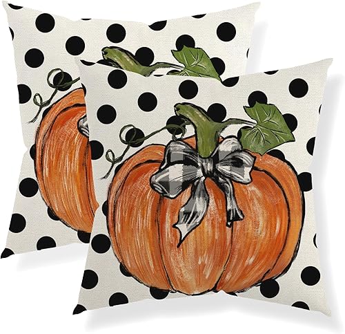 Juego de 2 fundas de almohada de otoño de 18 x 18 pulgadas, decoración de otoño, con lunares, calabaza, para exteriores, otoño, Acción de Gracias,
