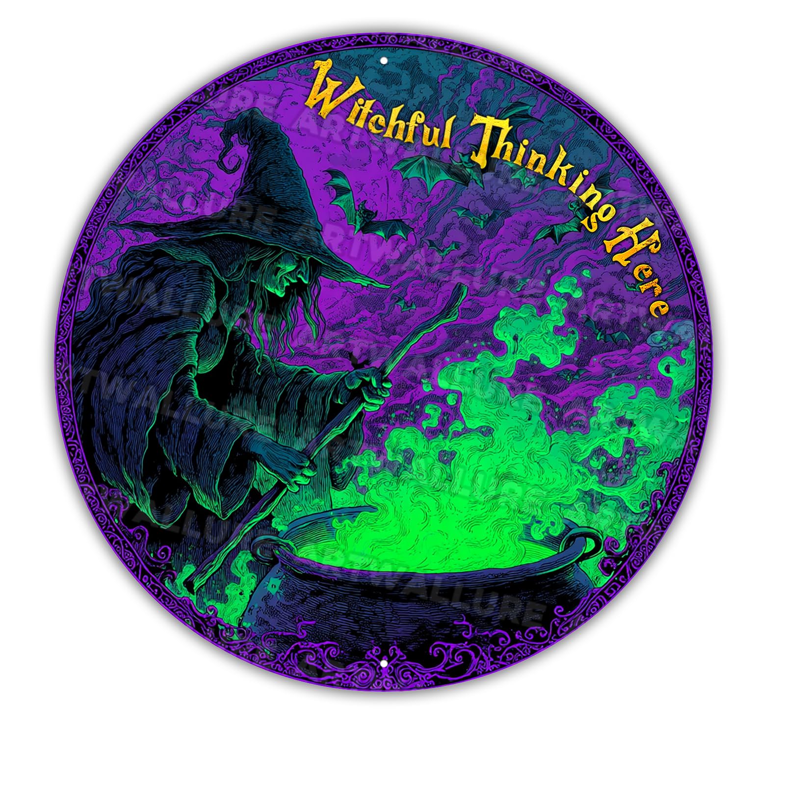 Halloween Witch Metal Tin Sign Witchful Thinking Here Vintage Decor Gothic Wall Art Retro Plaque Spooky Home Cafe Decor 12x12inch