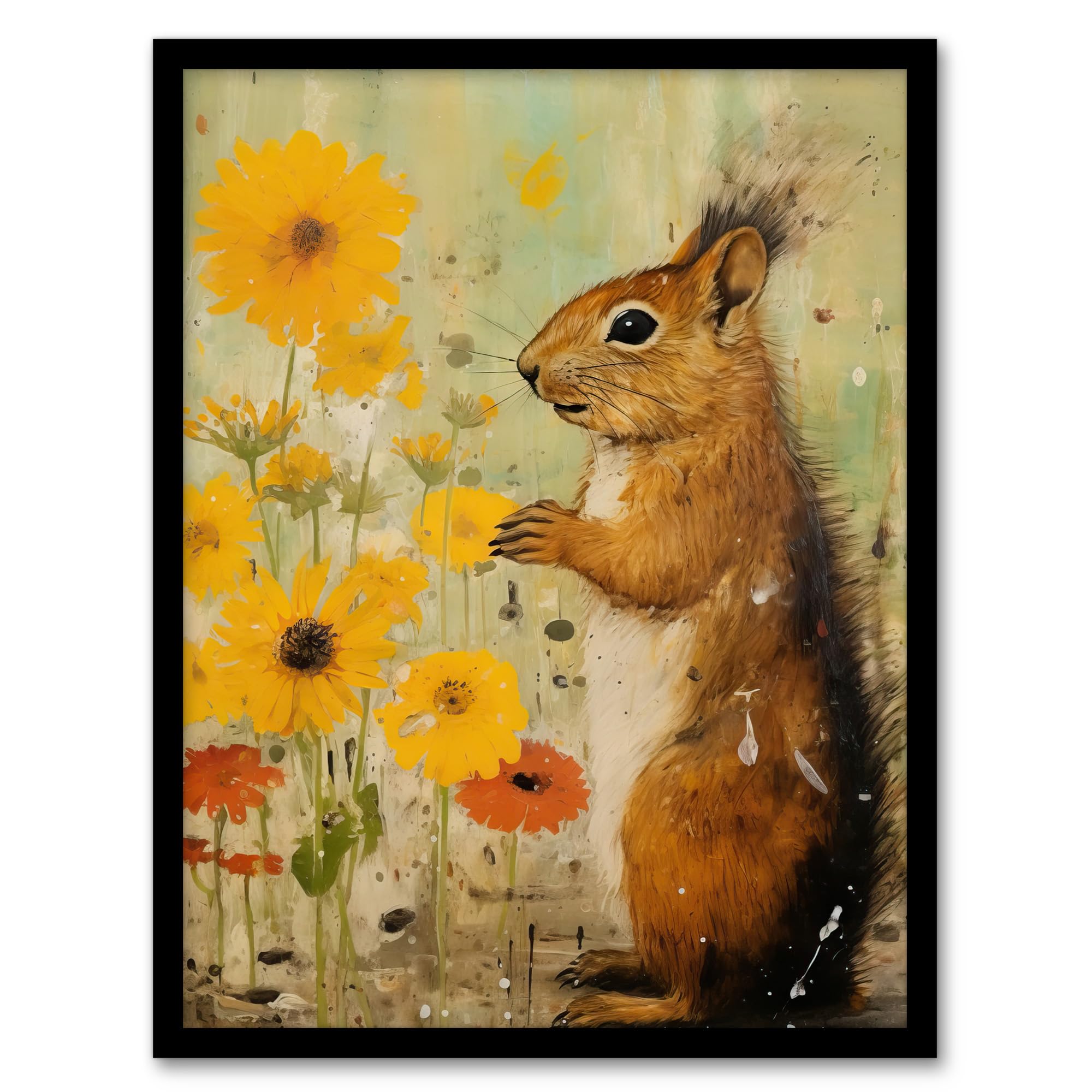 Artery8 Squirrel In The Marigolds Stop To Smell The Flowers Oil Painting Orange And Yellow Artwork Framed Wall Art Print A4