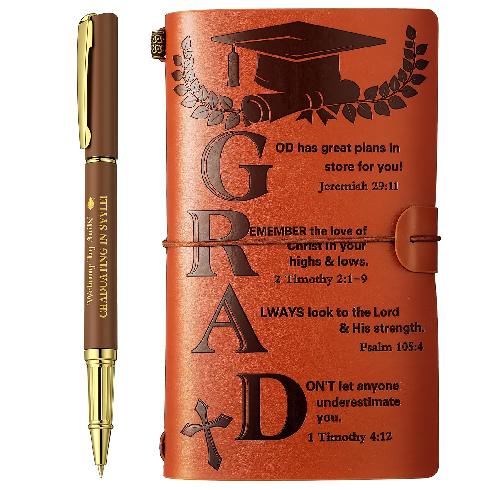 2Pcs Christian Graduation Leather Notebook Pen 120 Pages Bible Verses Inspirational Notebook Graduation Christian Gifts 2026 High School College Congratulations Grad for Women Men(Brown)