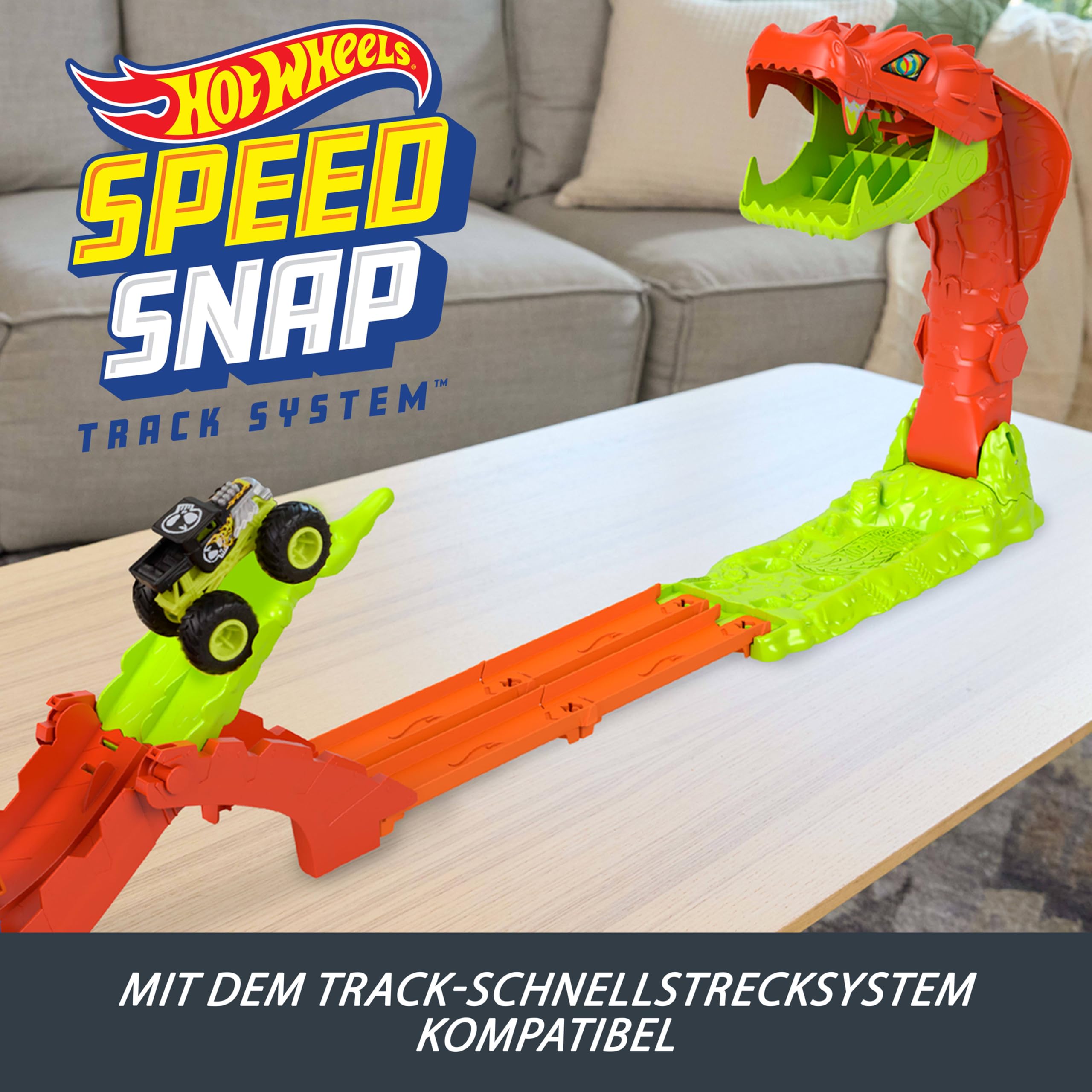 Hot Wheels Monster Trucks Spielset, Snake Slam Takedown Trackset mit exklusivem Bone Shaker Spielfahrzeug im Maßstab 1:64, mit Track, JJN44