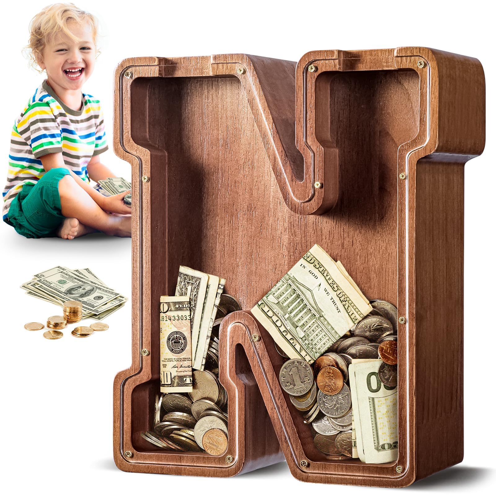 Summidate Spardose für Kinder Junge, Personalisiert Holz Großes Sparschwein, Unzerbrechliches Buchstabe A-Z Sparbüchse für Kinder Mädchen, Erwachsene, Geschenk&Dekoration
