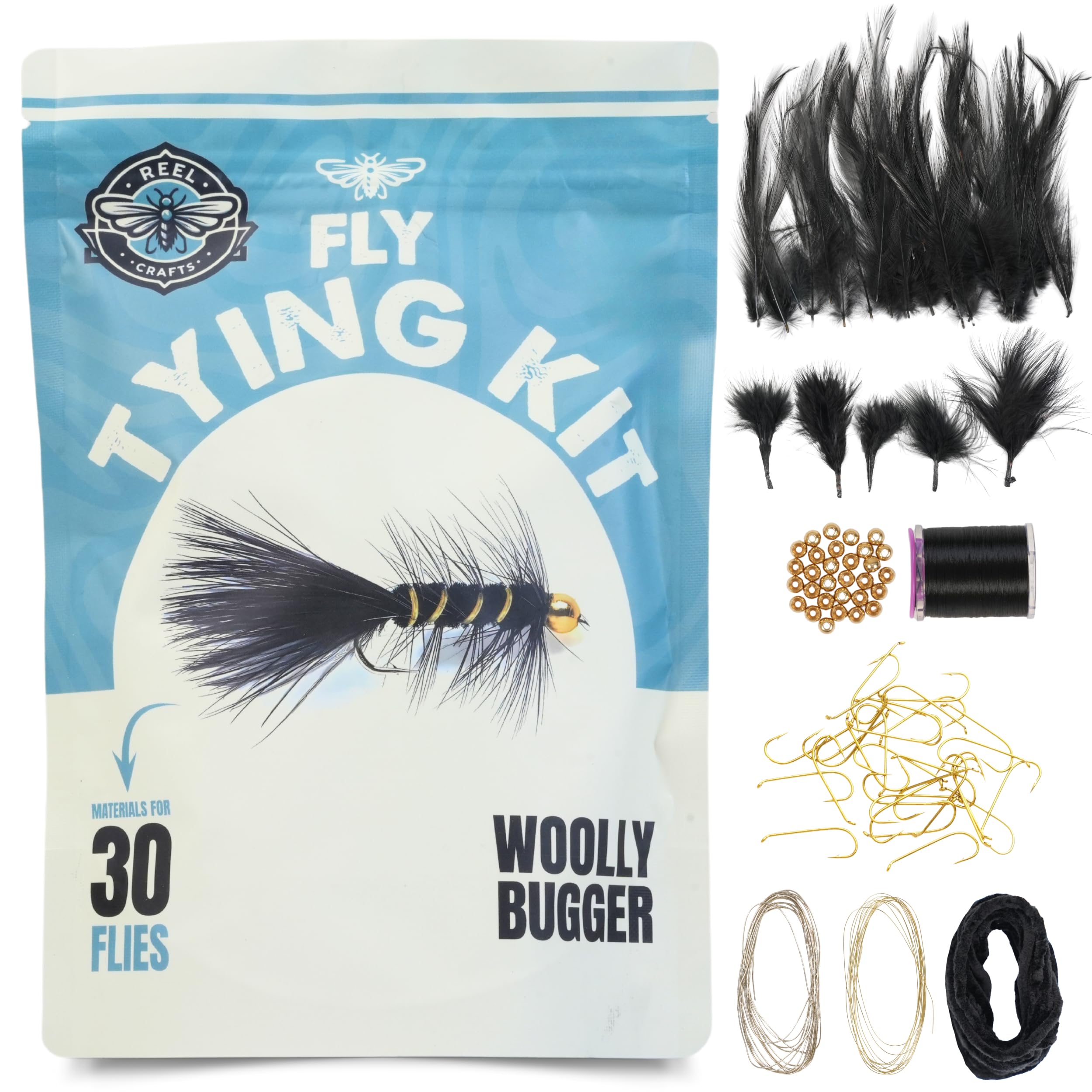 Fly Tying Kit for 30 Black Woolly Bugger Flies – Premium Fly Tying Materials, Black Hackle & Marabou Feathers, Ideal for All Skill Levels, Perfect for Fly Tying and Fly Fishing Trout, Bass, & Panfish