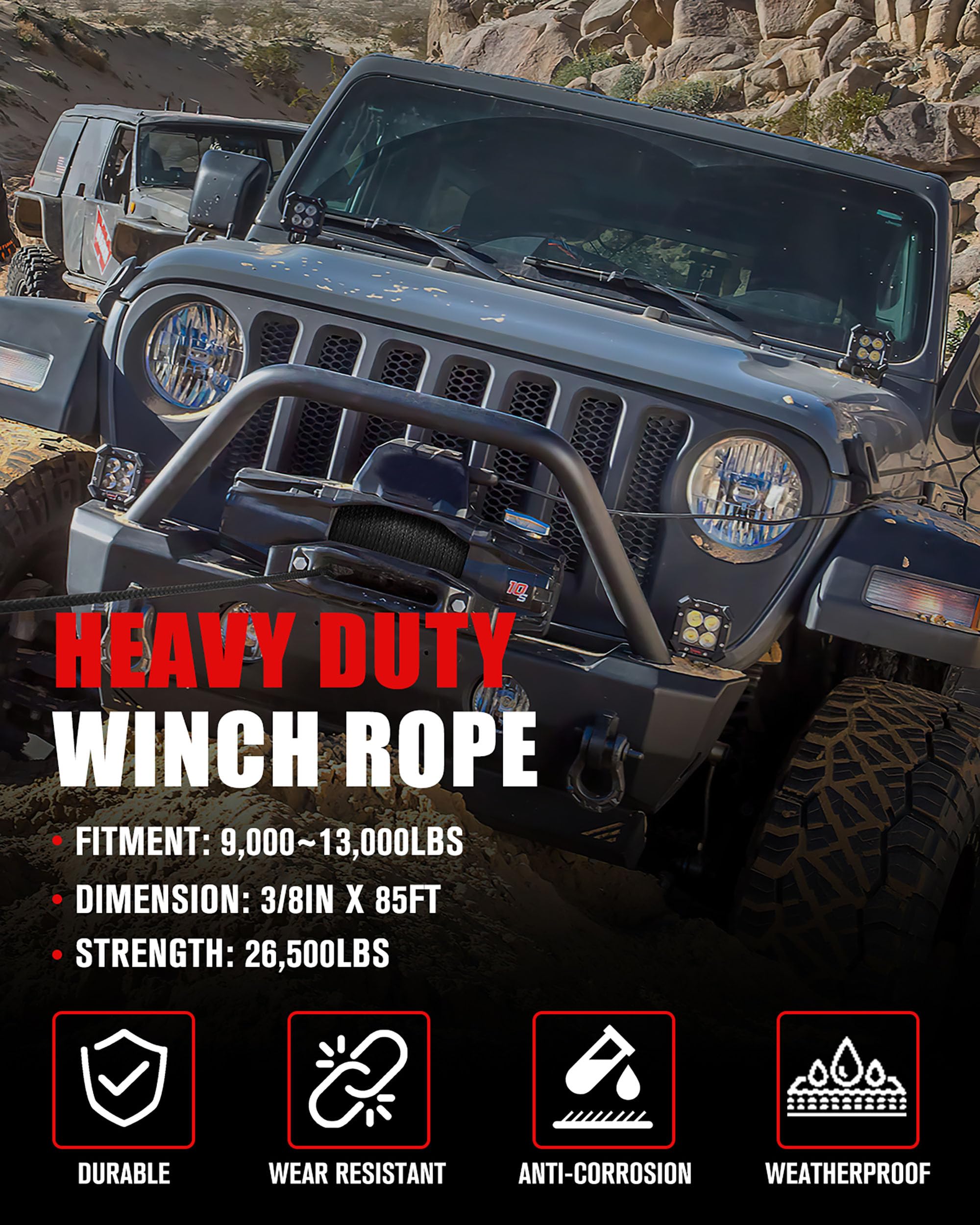 FieryRed - Cable de recuperación de Remolque sintético Resistente de 0,95 cm x 2,54 m, Color Negro para vehículos Todoterreno ATV UTV SUV y Motocicleta