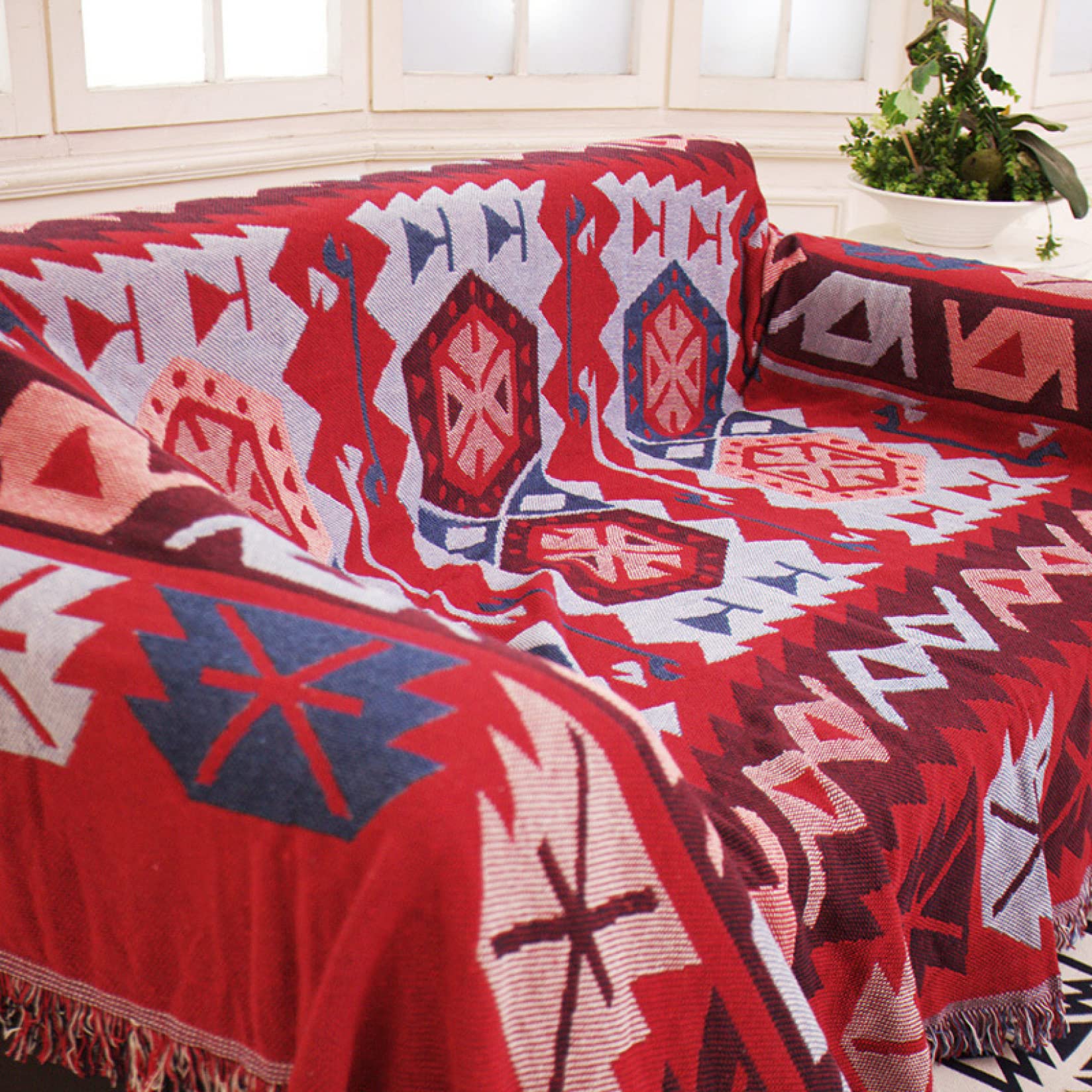 Amazon｜ソファーカバー レッド マルチカバー 民族風 長方形 90*90cm
